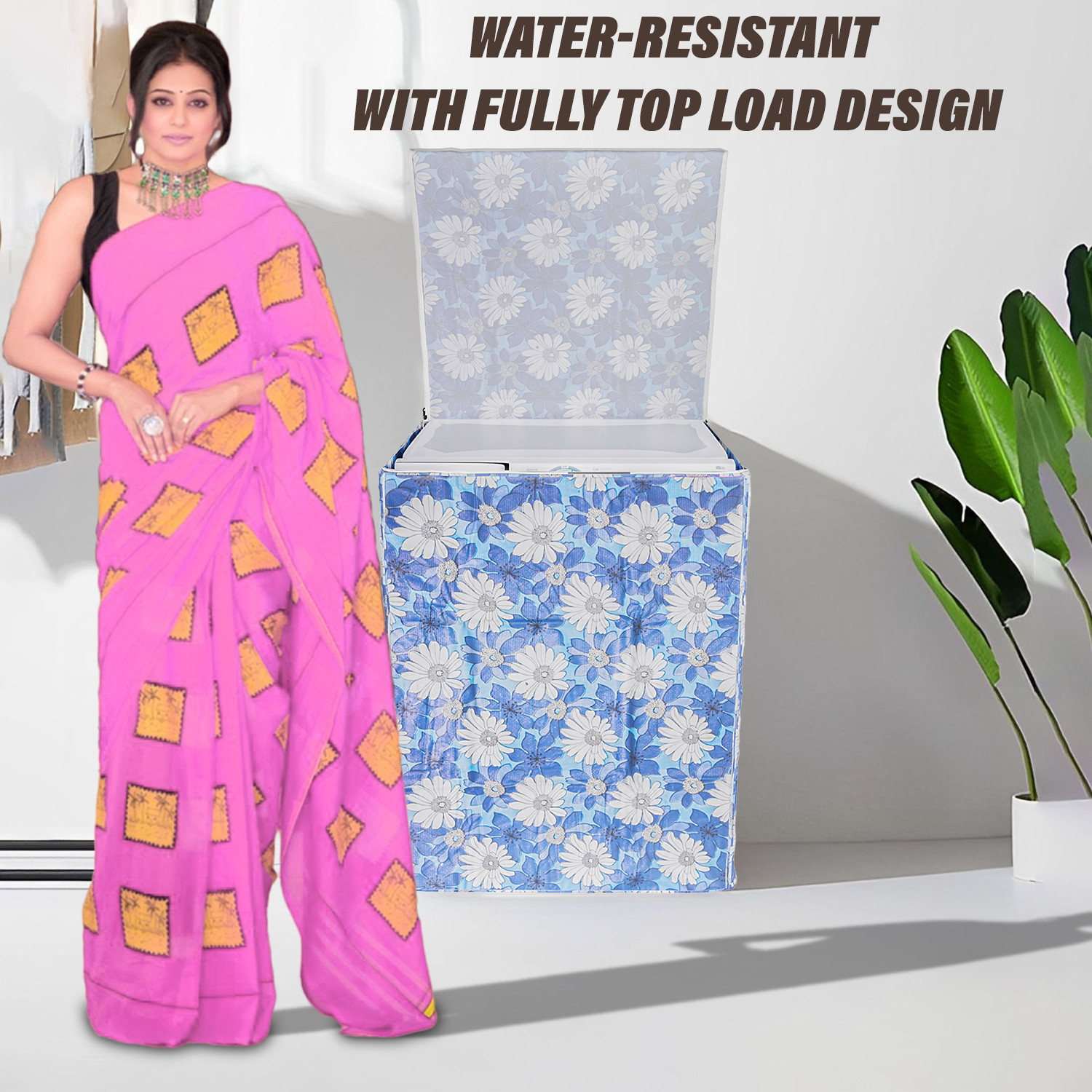 Kuber Industries Washing Machine Cover | Sun Flower Print Washing Machine Cover | PVC Top Load Fully-Automatic Washing Machine Cover | Blue