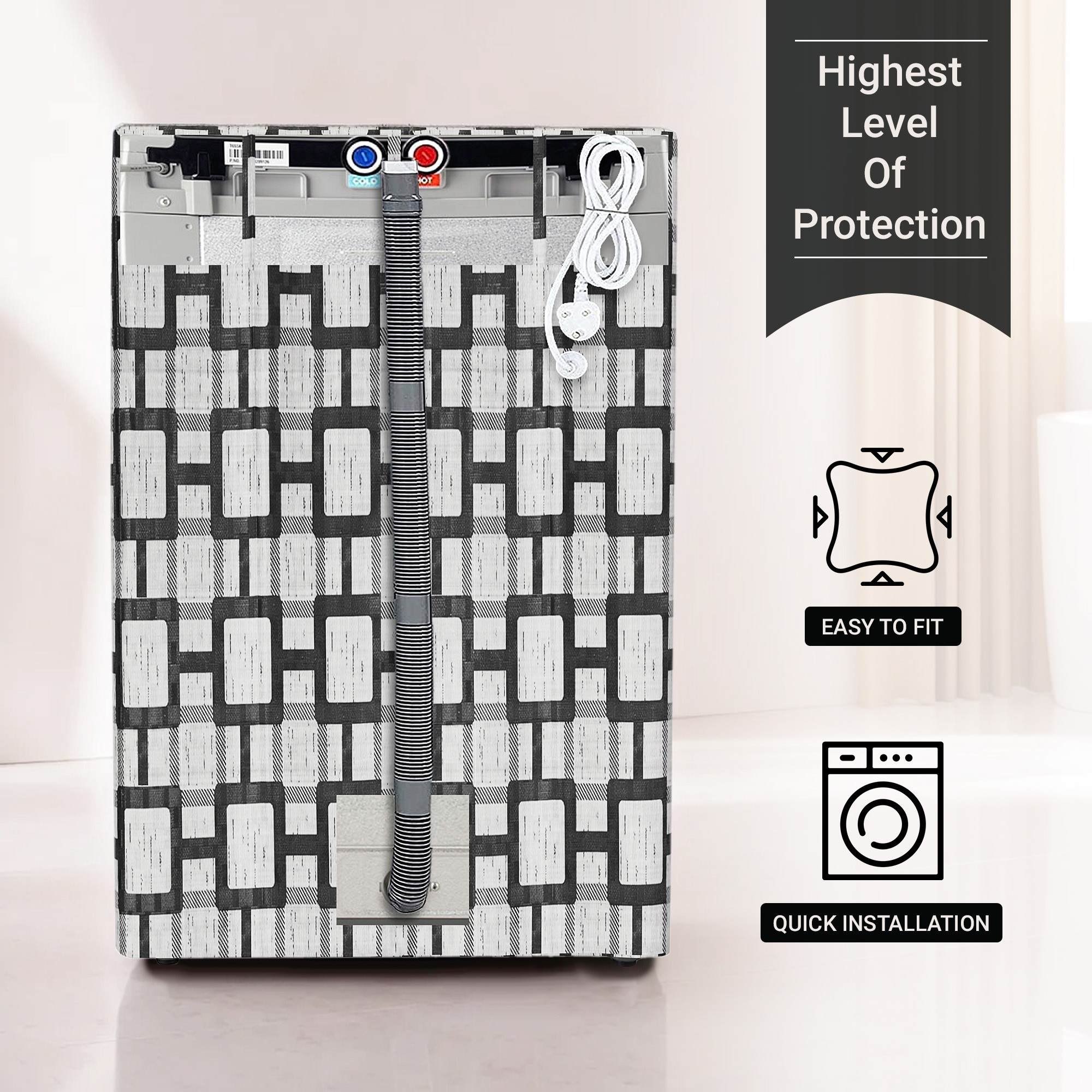 Kuber Industries Washing Machine Cover  Top Load Fully-Automatic Washer Covers  Ideal For 6 kg 65 kg 7 kg  75 kg  Waterproof  Dust-Proof Machine Cover  Bada Check  Grey