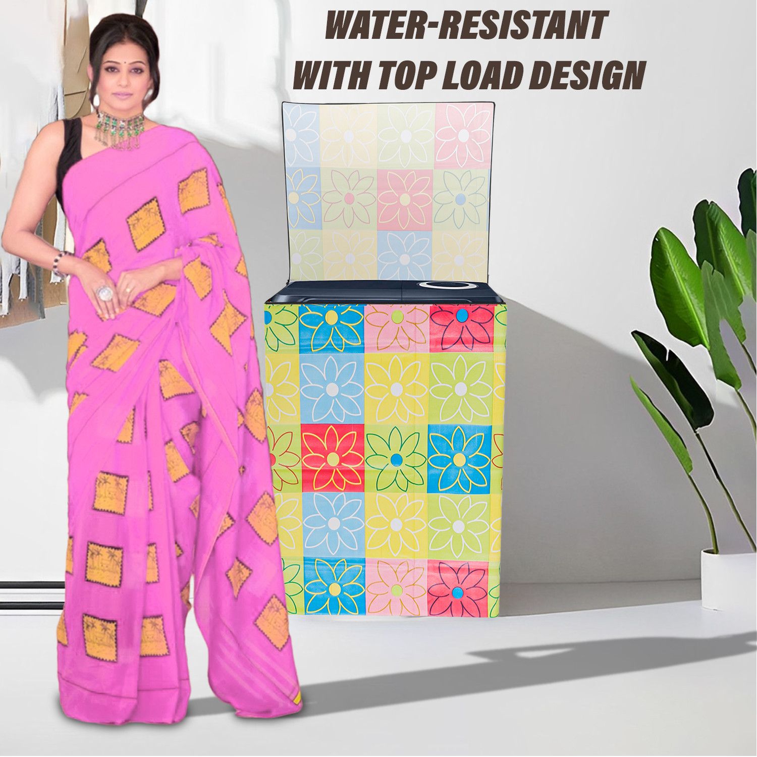 Kuber Industries Washing Machine Cover | Yellow & Check Print Washing Machine Cover | PVC | Top Load Semi-Automatic Washing Machine Cover | Multi