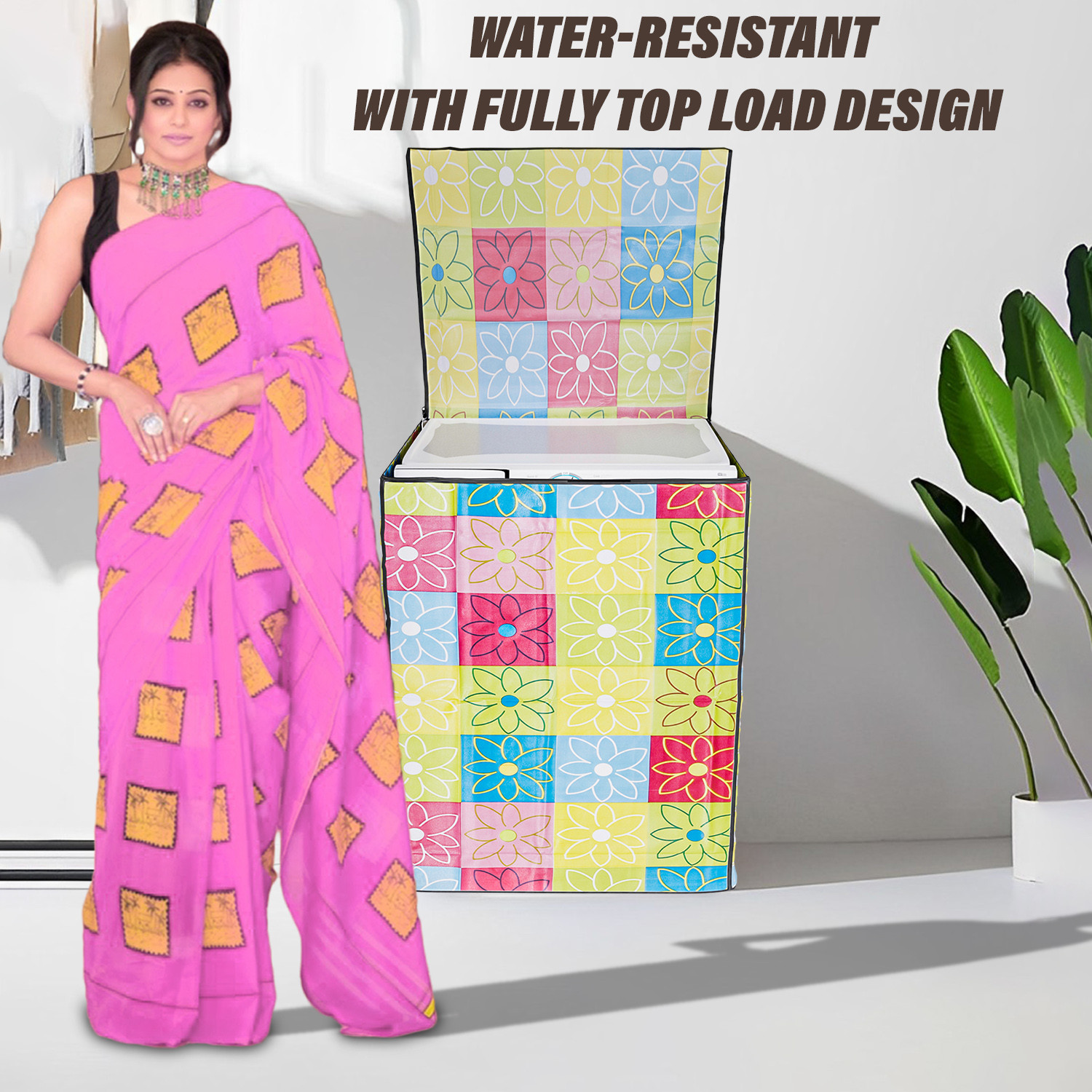 Kuber Industries Washing Machine Cover | Yellow & Check Print Washing Machine Cover | PVC | Top Load Fully-Automatic Washing Machine Cover | Multi