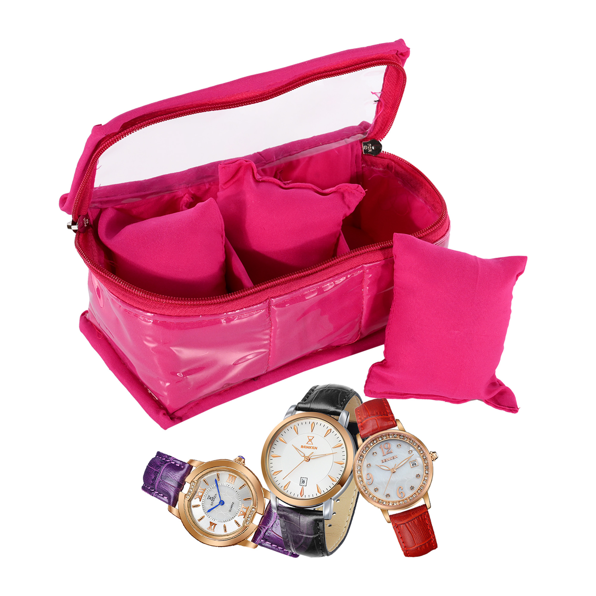 Kuber Industries Watch Organizer  3 Slot Watch Box  Watches Organizer for Gifting  Travel Bracelet Holder  Watch Case for Men And Woman  Top Visible Window  Pink