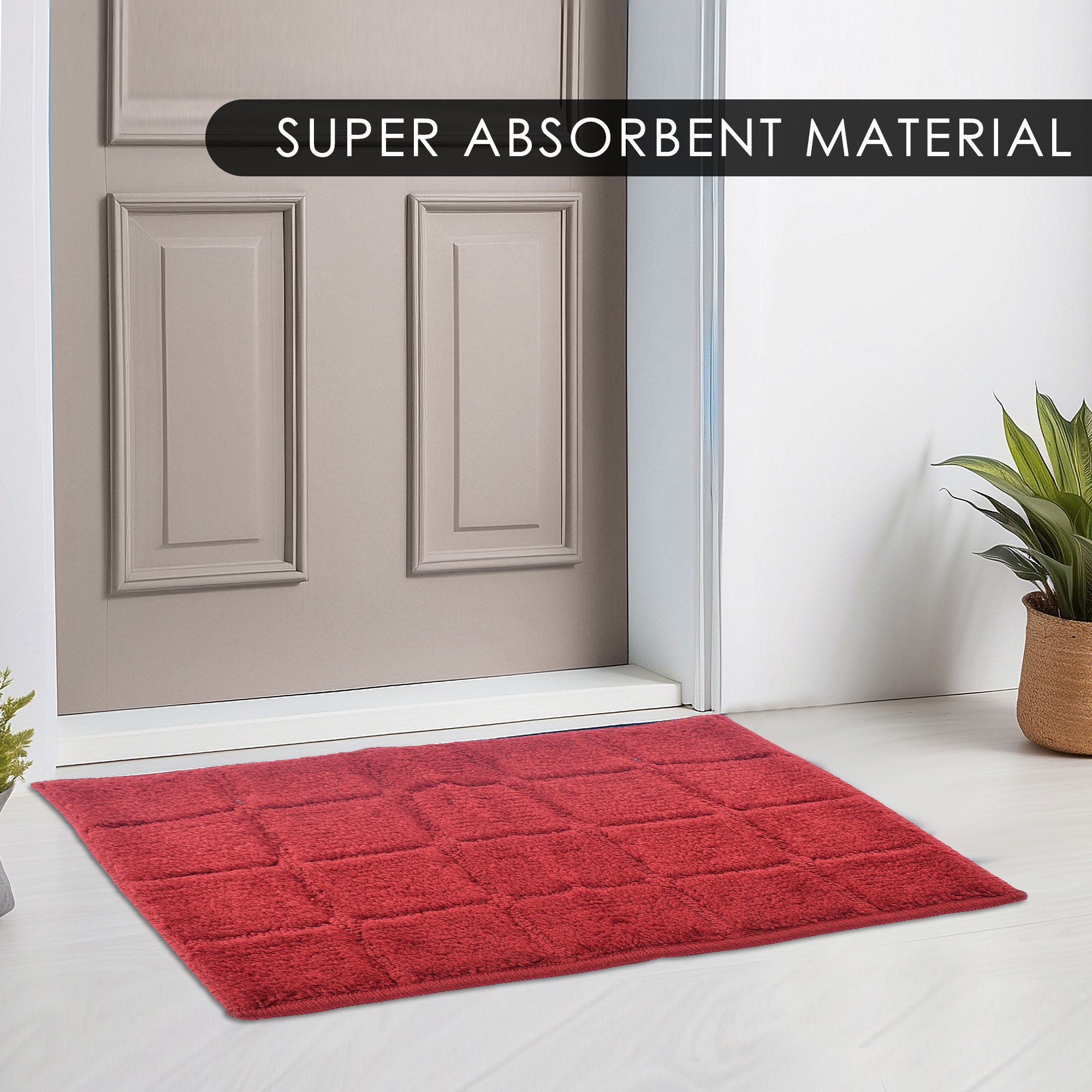 Kuber Industries Water Absorbing Bathroom Mat  Anti-Slip Door Foot Mats for Home Decor  Kitchen Floor Perdan  Checkered Design - Maroon