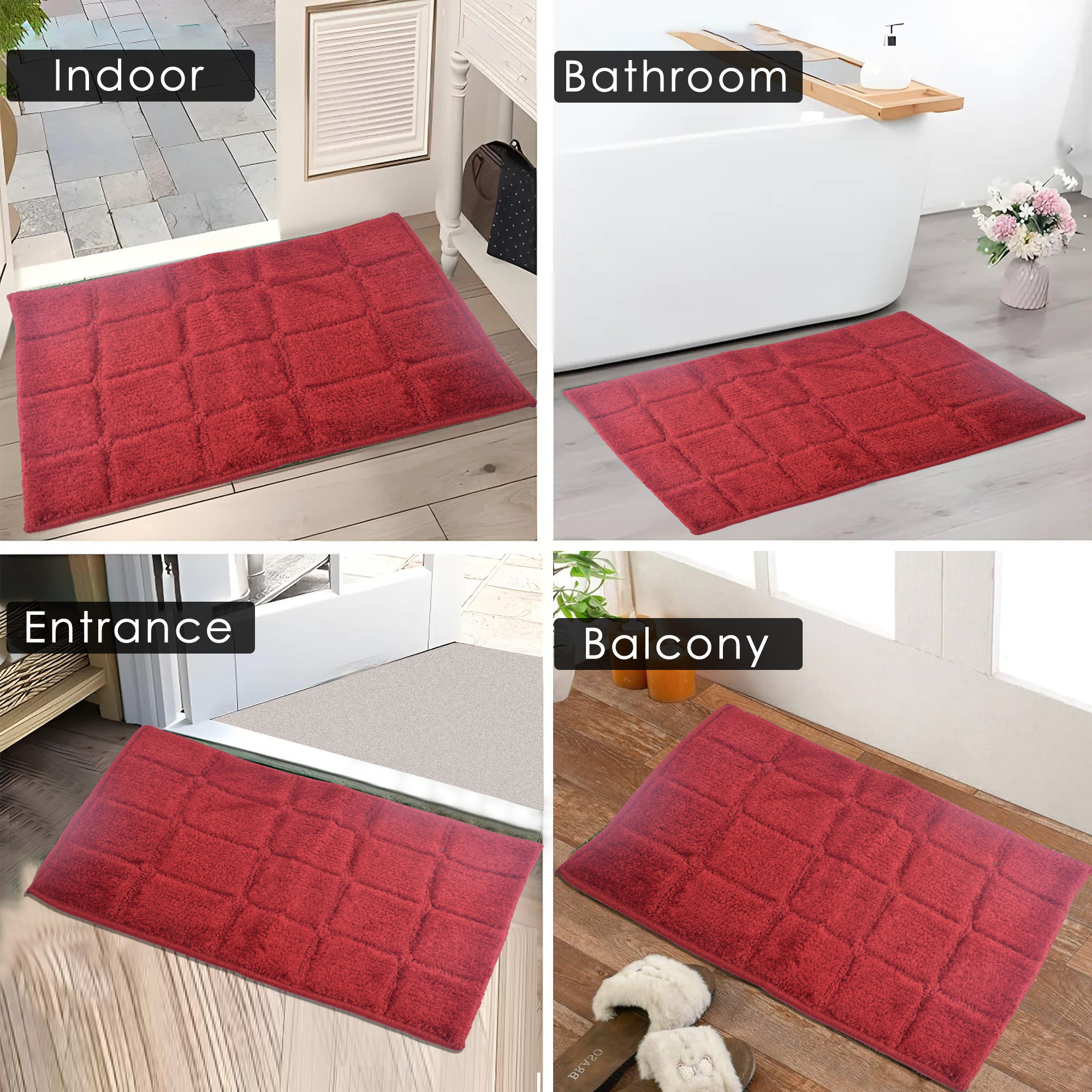 Kuber Industries Water Absorbing Bathroom Mat  Anti-Slip Door Foot Mats for Home Decor  Kitchen Floor Perdan  Checkered Design - Maroon