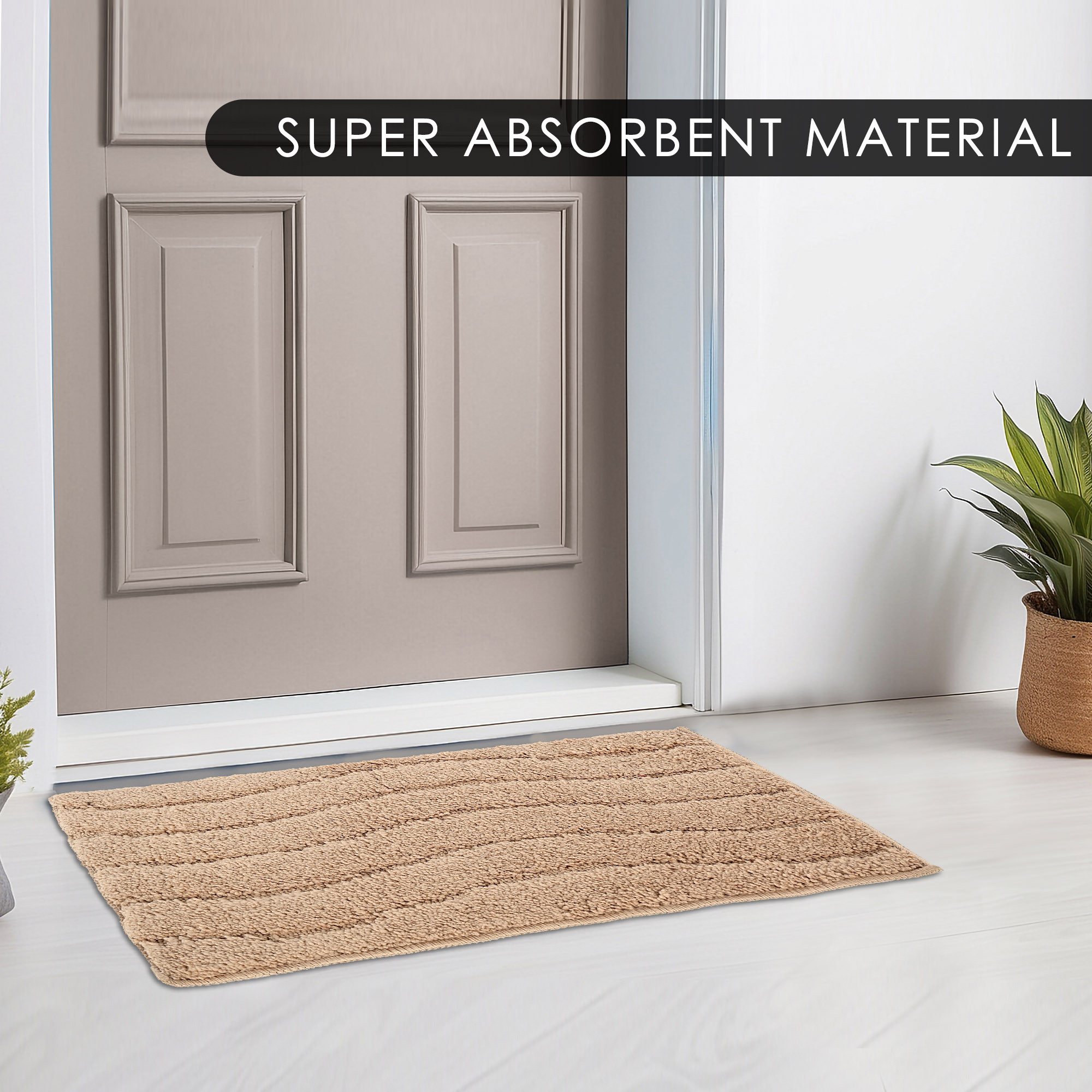 Kuber Industries Water Absorbing Bathroom Mat  Anti-Slip Door Foot Mats for Home Decor  Kitchen Floor Perdan  Waves Design - Light Brown