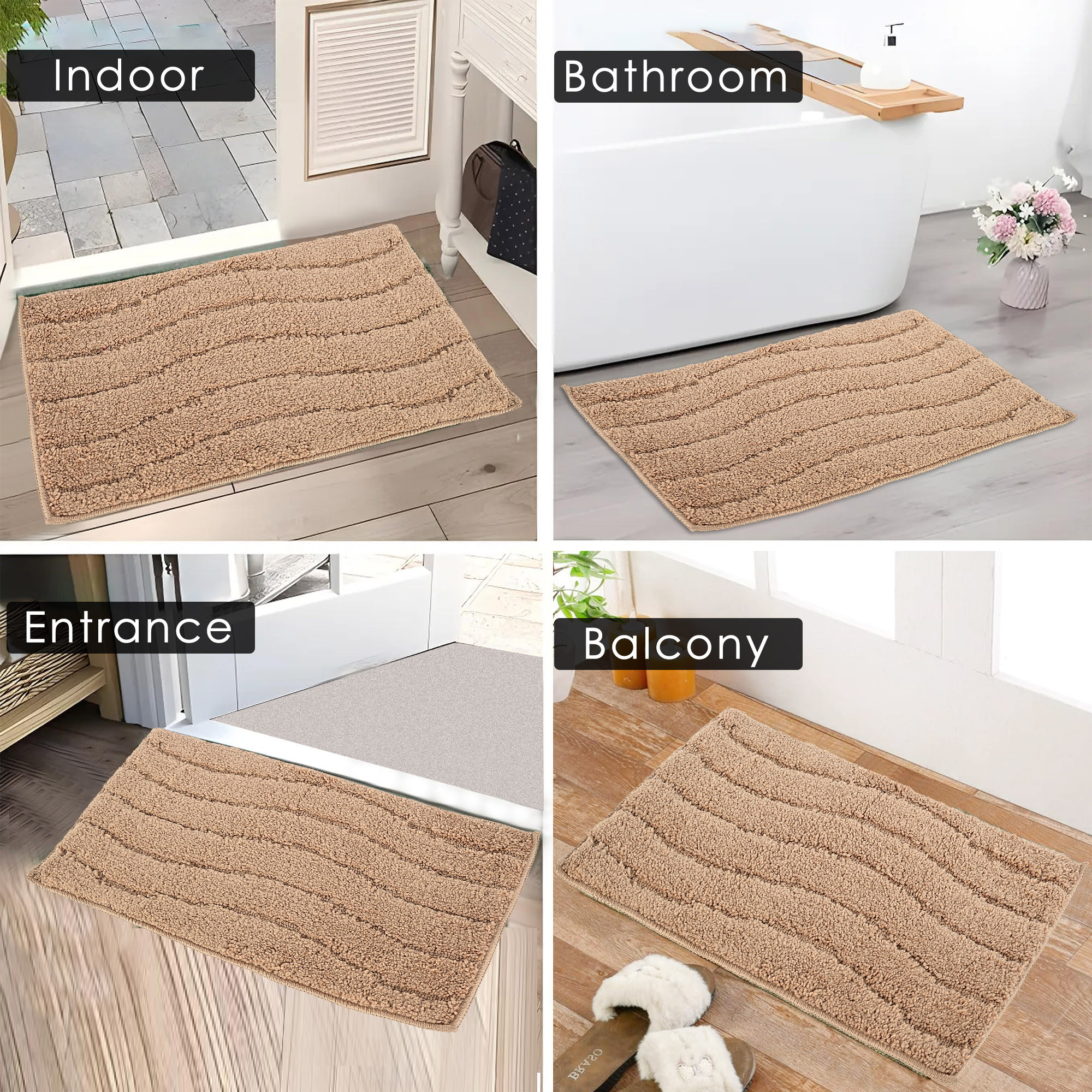 Kuber Industries Water Absorbing Bathroom Mat  Anti-Slip Door Foot Mats for Home Decor  Kitchen Floor Perdan  Waves Design - Light Brown