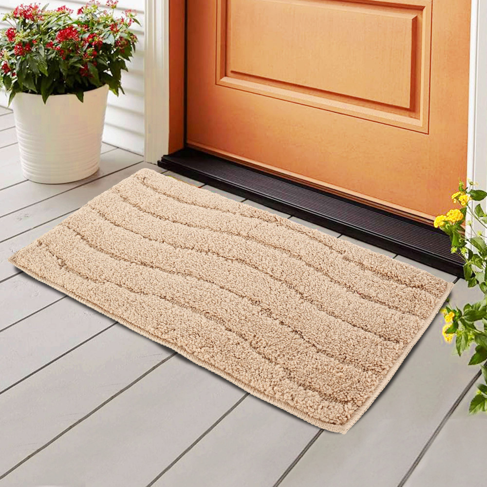 Image of Kuber Industries Water Absorbing Bathroom Mat | Anti-Slip Door Foot Mats for Home Decor &amp; Kitchen Floor Perdan | Waves Design - Light Brown