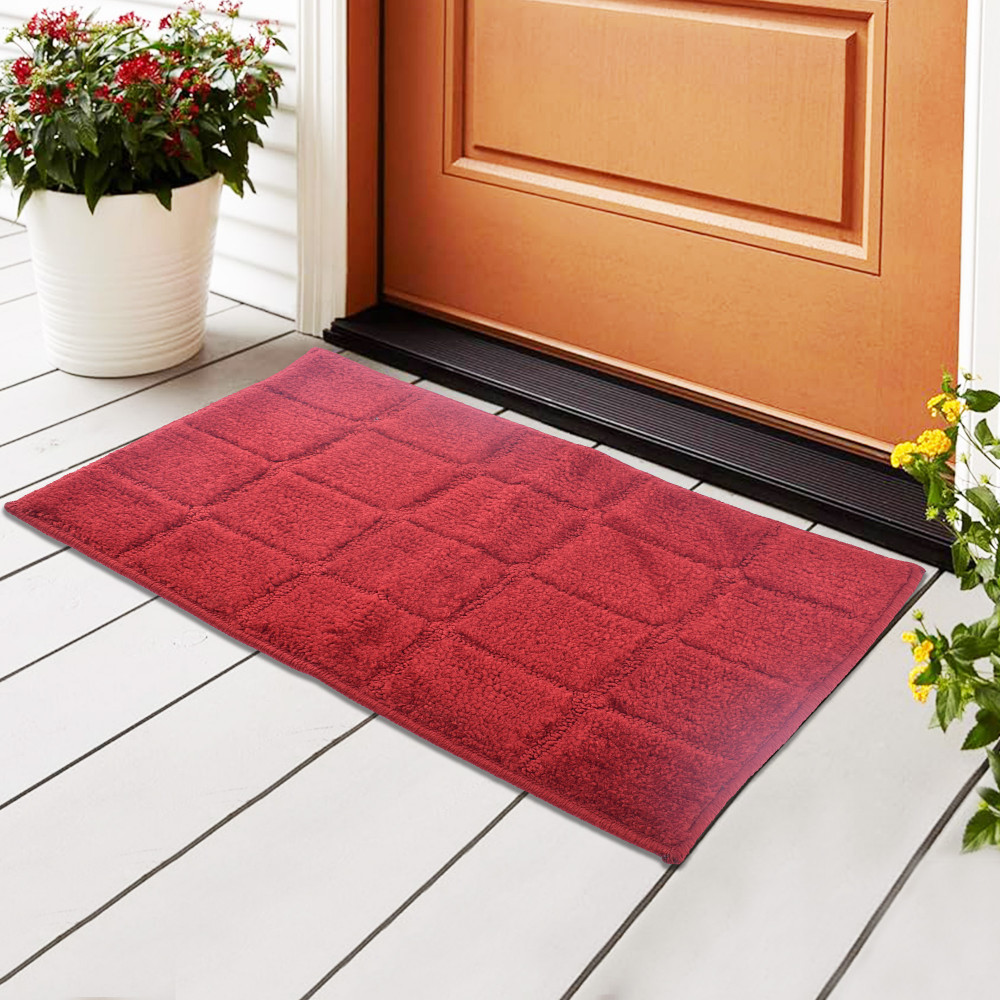 Image of Kuber Industries Water Absorbing Bathroom Mat | Anti-Slip Door Foot Mats for Home Decor &amp; Kitchen Floor Perdan | Checkered Design - Maroon