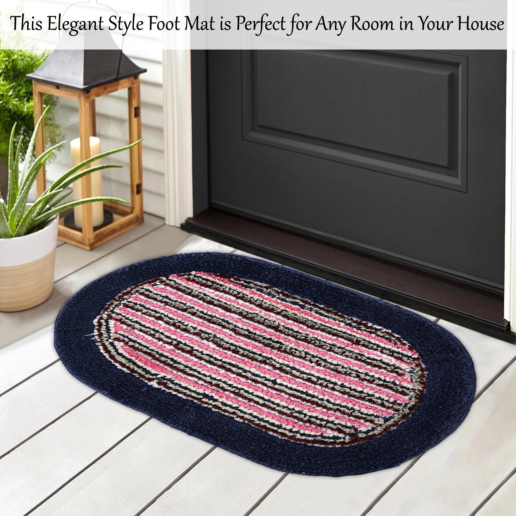 Kuber Industries Water Absorbing Bathroom Mat  Oval Anti-Slip Door Foot Mats for Home Decor  Kitchen Floor Perdan  Lining Design -Blue