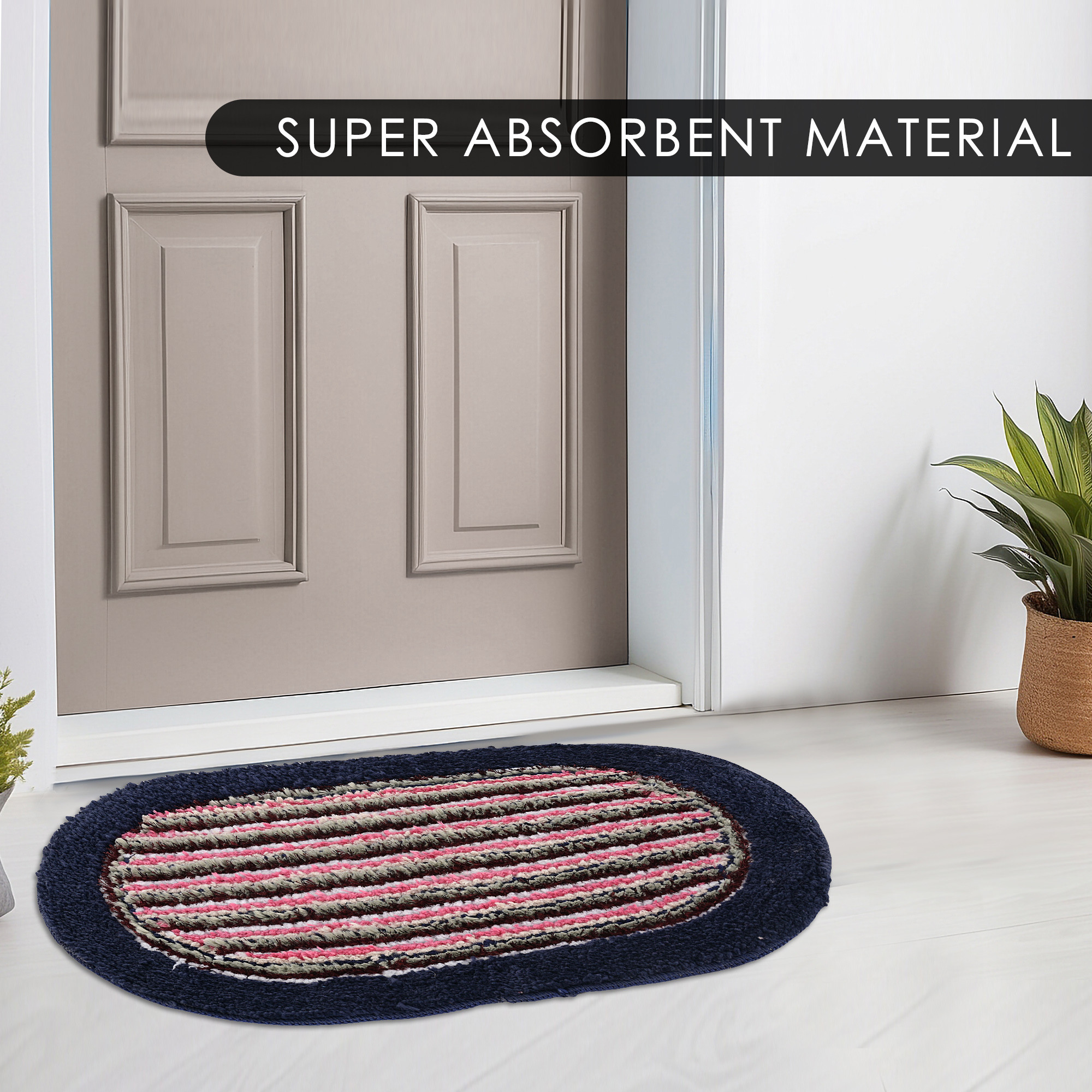 Kuber Industries Water Absorbing Bathroom Mat  Oval Anti-Slip Door Foot Mats for Home Decor  Kitchen Floor Perdan  Lining Design -Blue
