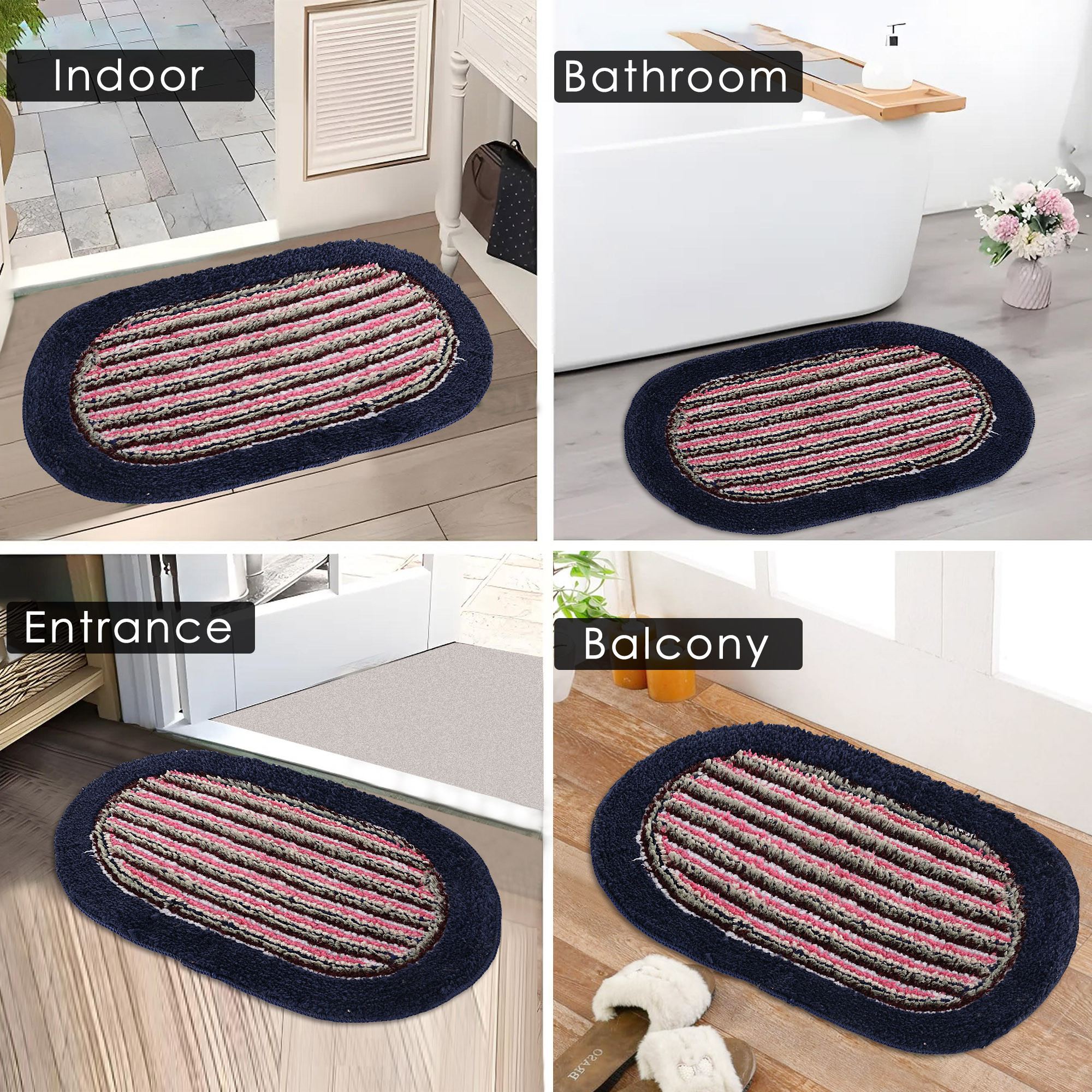 Kuber Industries Water Absorbing Bathroom Mat  Oval Anti-Slip Door Foot Mats for Home Decor  Kitchen Floor Perdan  Lining Design -Blue