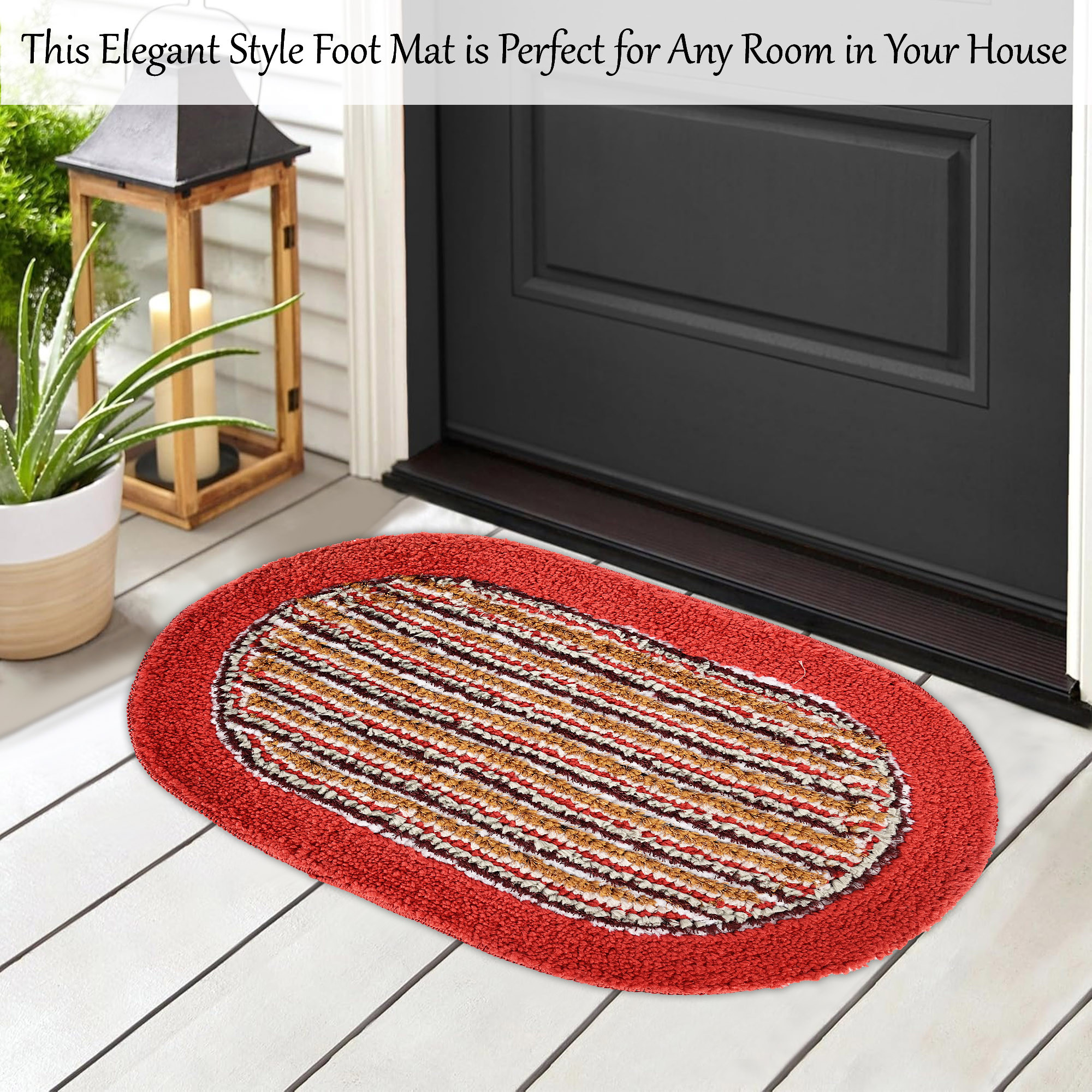 Kuber Industries Water Absorbing Bathroom Mat  Oval Anti-Slip Door Foot Mats for Home Decor  Kitchen Floor Perdan  Lining Design -Red
