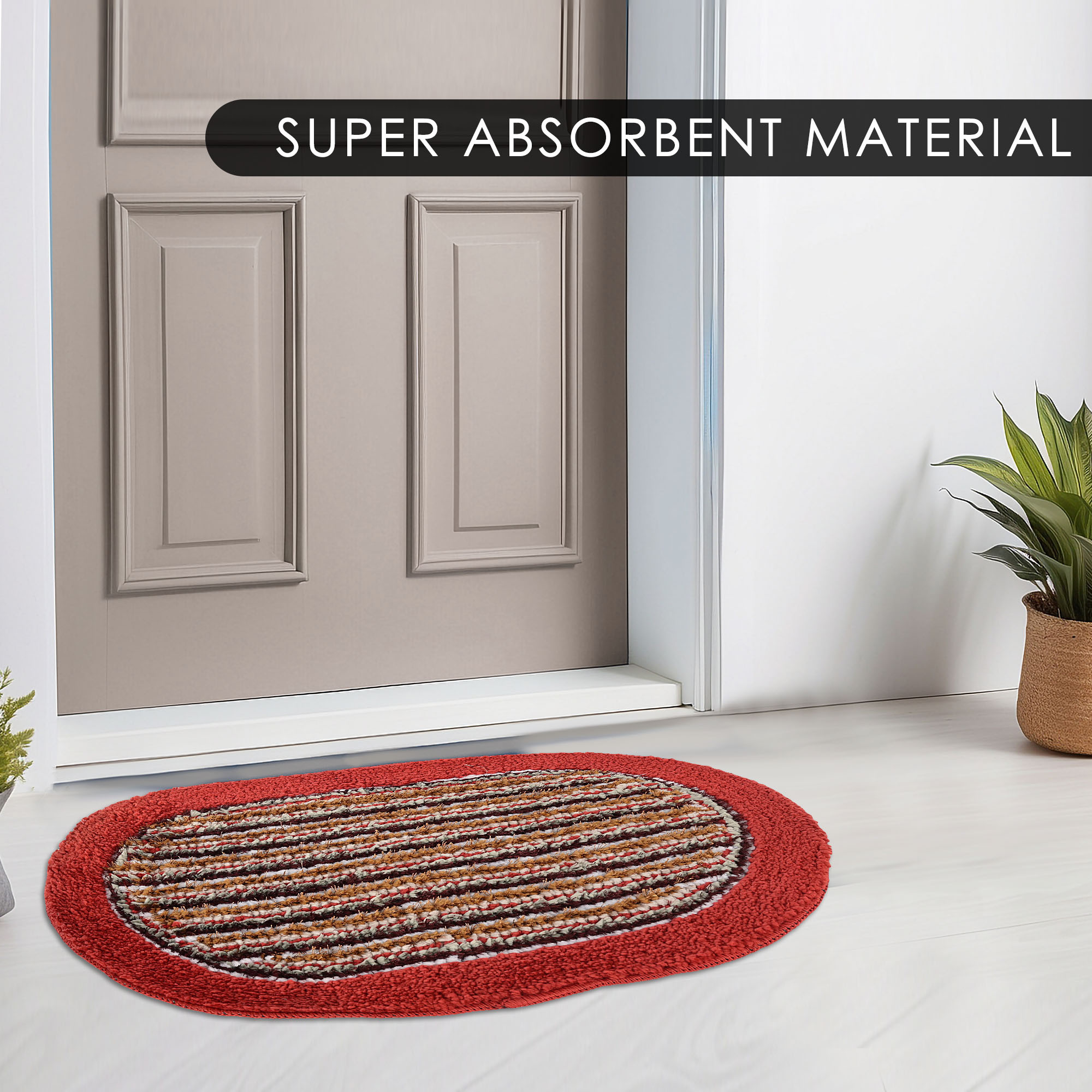 Kuber Industries Water Absorbing Bathroom Mat  Oval Anti-Slip Door Foot Mats for Home Decor  Kitchen Floor Perdan  Lining Design -Red