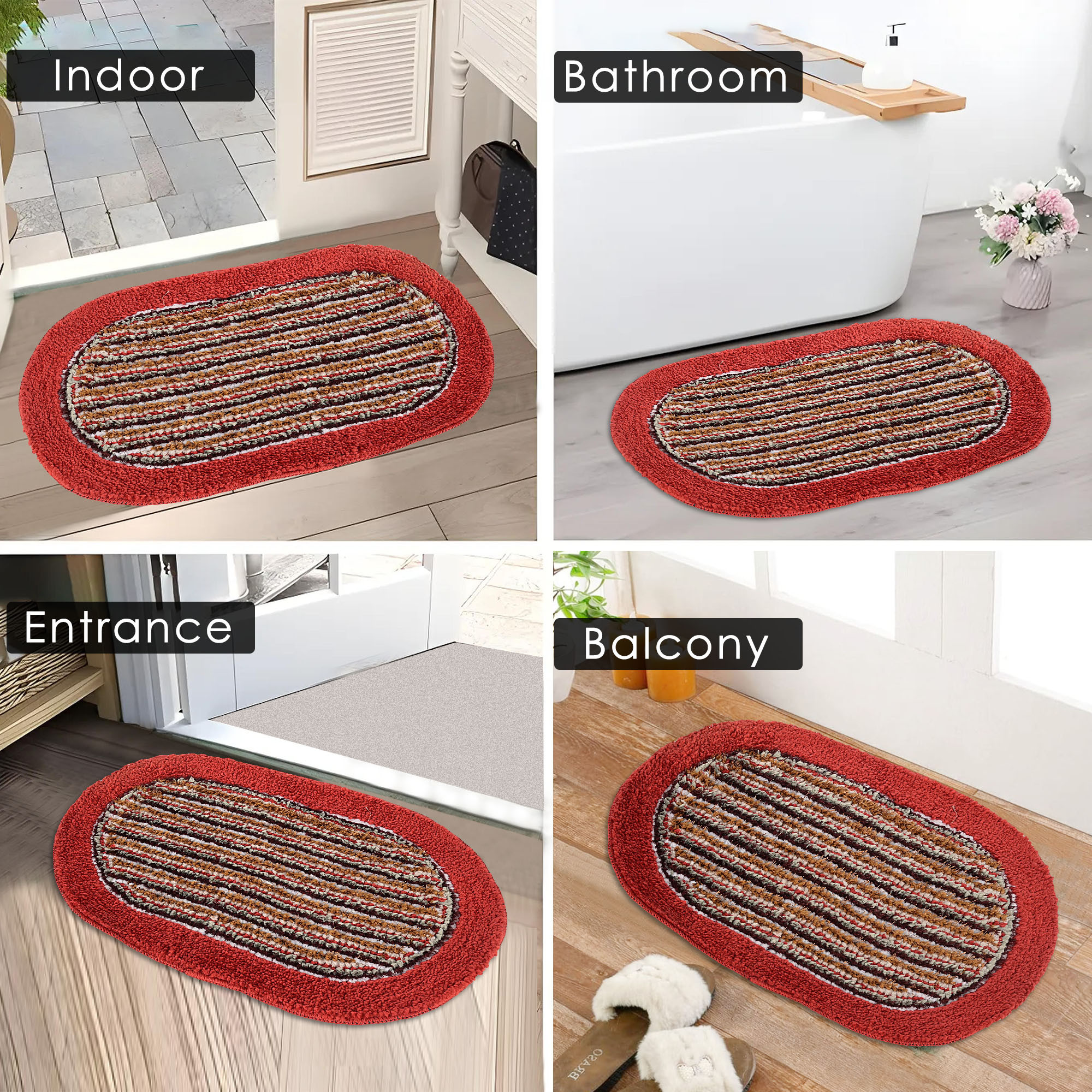 Kuber Industries Water Absorbing Bathroom Mat  Oval Anti-Slip Door Foot Mats for Home Decor  Kitchen Floor Perdan  Lining Design -Red