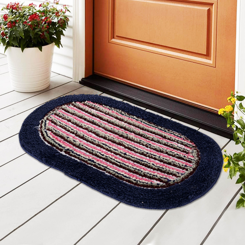 Image of Kuber Industries Water Absorbing Bathroom Mat | Oval Anti-Slip Door Foot Mats for Home Decor &amp; Kitchen Floor Perdan | Lining Design -Blue