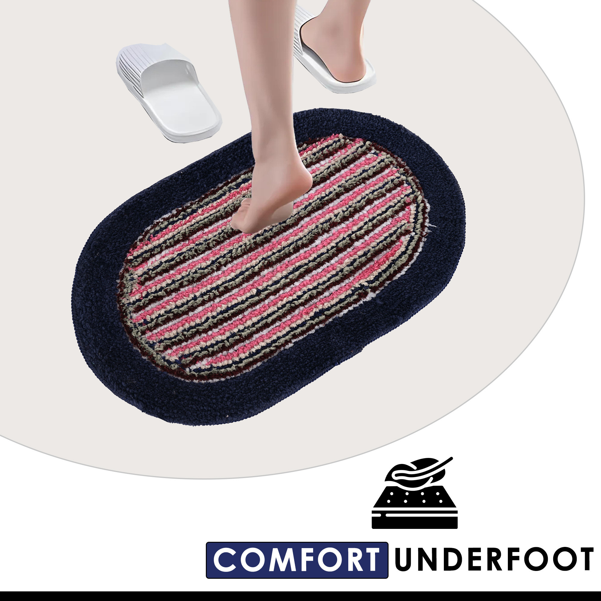 Kuber Industries Water Absorbing Bathroom Mat  Oval Anti-Slip Door Foot Mats for Home Decor  Kitchen Floor Perdan  Lining Design -Blue