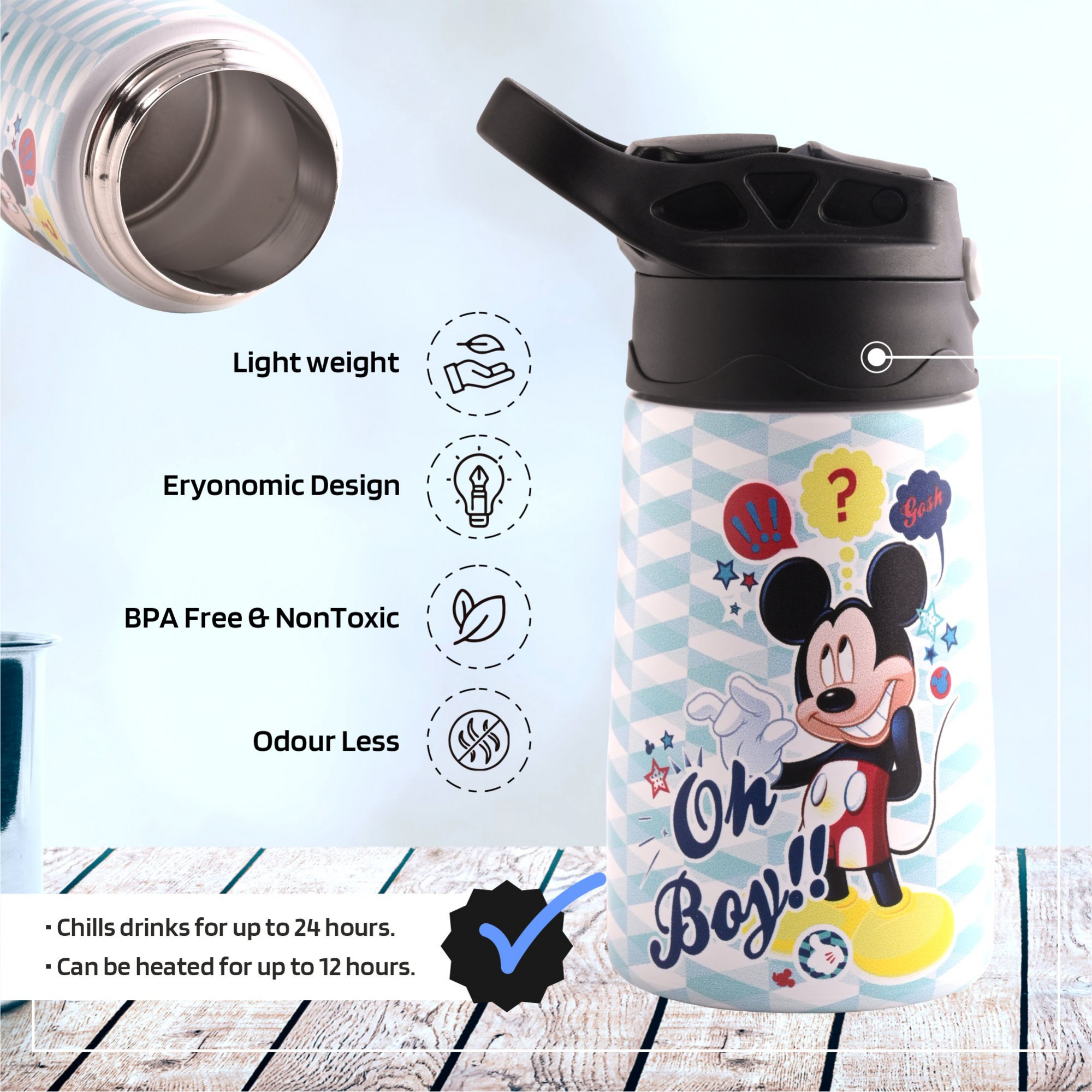 Kuber Industries Water Bottle  Disney Mickey Oh Boy  350 ml Insulated Water Bottle  Button Press Sipper Bottle for Adults  Kids  BPA-Free  Steel Bottle for Travel  Gym Bottle  Sky Blue
