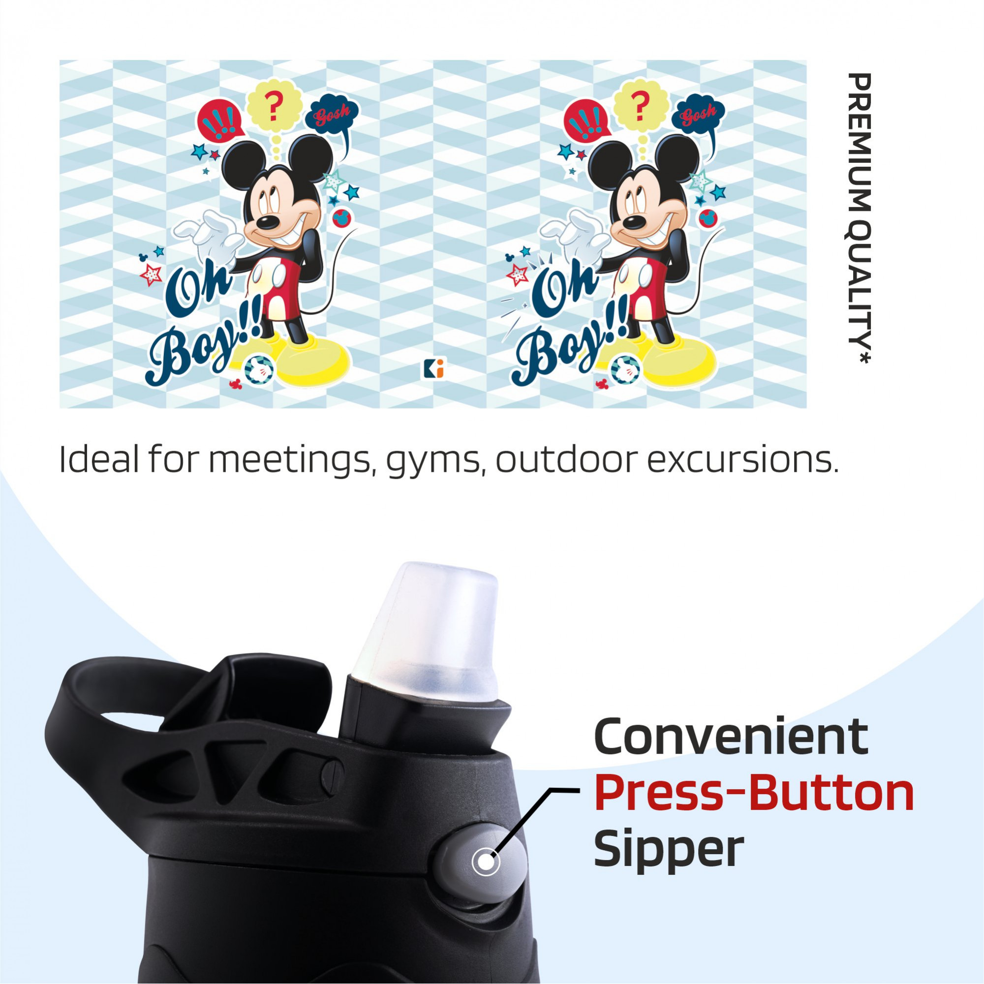 Kuber Industries Water Bottle  Disney Mickey Oh Boy  350 ml Insulated Water Bottle  Button Press Sipper Bottle for Adults  Kids  BPA-Free  Steel Bottle for Travel  Gym Bottle  Sky Blue