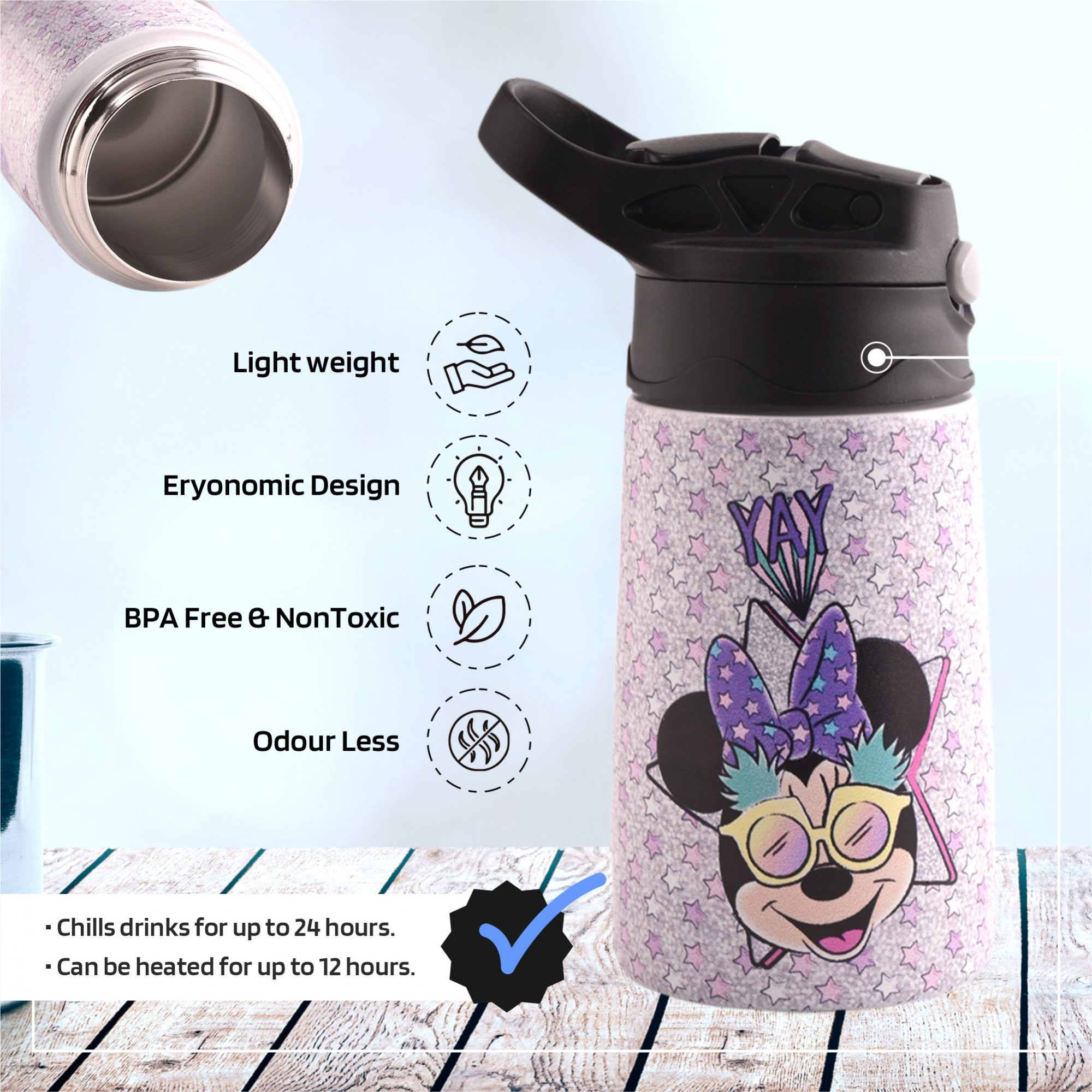 Kuber Industries Water Bottle  Disney Minnie Star  350 ml Insulated Water Bottle  Button Press Sipper Bottle for Adults  Kids  BPA-Free  Steel Bottle for Travel  Gym Bottle  Pink