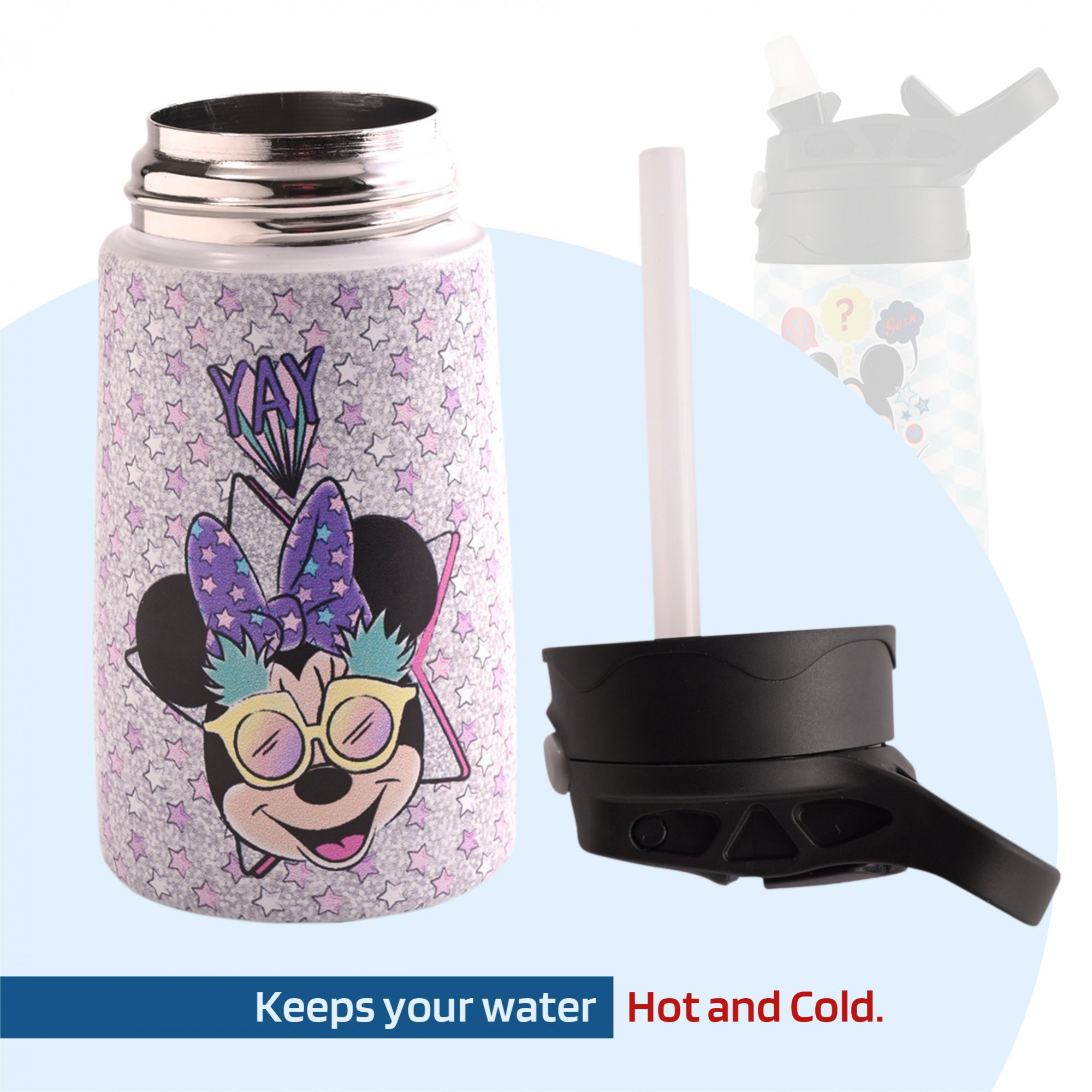 Kuber Industries Water Bottle  Disney Minnie Star  350 ml Insulated Water Bottle  Button Press Sipper Bottle for Adults  Kids  BPA-Free  Steel Bottle for Travel  Gym Bottle  Pink