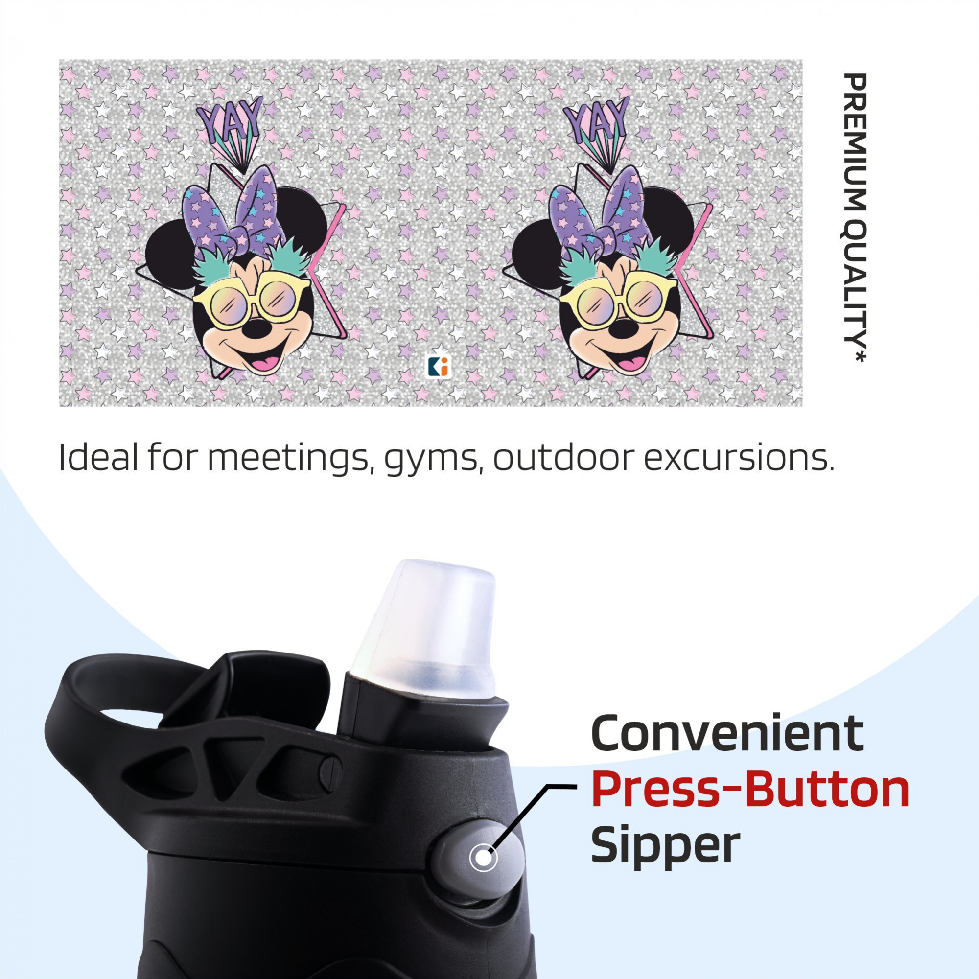 Kuber Industries Water Bottle  Disney Minnie Star  350 ml Insulated Water Bottle  Button Press Sipper Bottle for Adults  Kids  BPA-Free  Steel Bottle for Travel  Gym Bottle  Pink