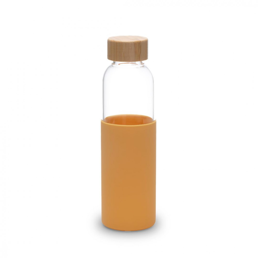 Kuber Industries Water Bottle | Glass Bottle | Sleeve Protection Bottle | Bamboo Lid Water Bottle | Travel Round Bottle | XB5501-YEL | 550 ML | Yellow