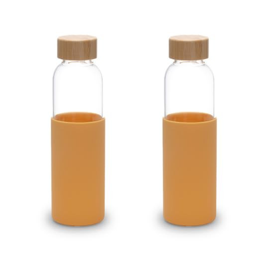 Kuber Industries Water Bottle | Glass Bottle | Sleeve Protection Bottle | Bamboo Lid Water Bottle | Travel Round Bottle | XB5501-YEL | 550 ML | Yellow