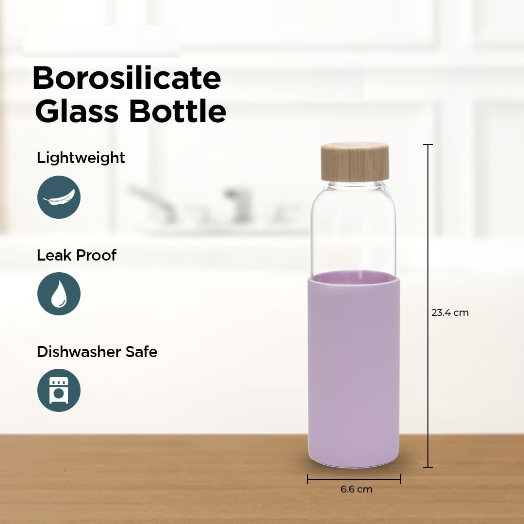 Kuber Industries Water Bottle | Glass Bottle | Sleeve Protection Bottle | Bamboo Lid Water Bottle | Travel Round Bottle | XB5501-PURP-Blue | 550 ML | Set of 2 | Purple-Blue