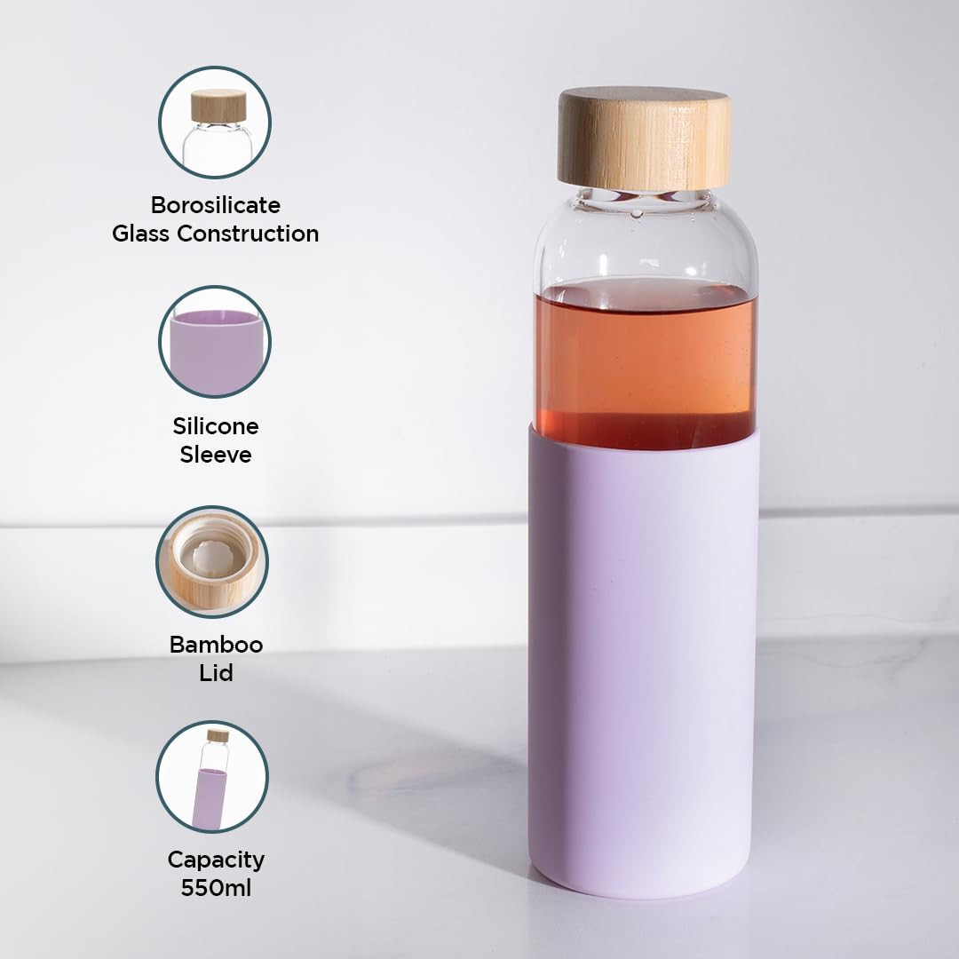 Kuber Industries Water Bottle | Glass Bottle | Sleeve Protection Bottle | Bamboo Lid Water Bottle | Travel Round Bottle | XB5501-PURP-Blue | 550 ML | Set of 2 | Purple-Blue