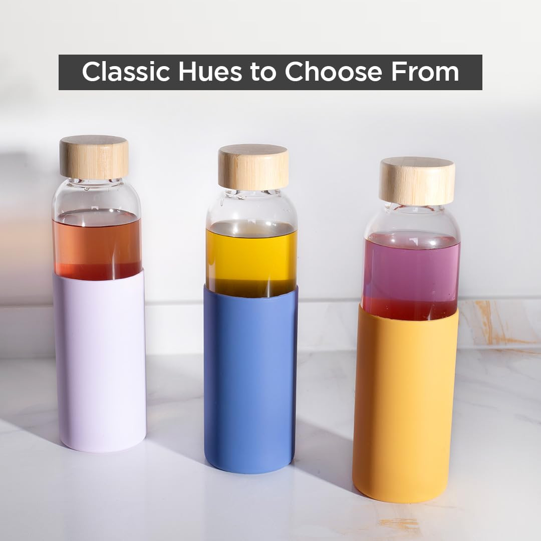 Kuber Industries Water Bottle | Glass Bottle | Sleeve Protection Bottle | Bamboo Lid Water Bottle | Travel Round Bottle | XB5501-PURP-Blue | 550 ML | Set of 2 | Purple-Blue