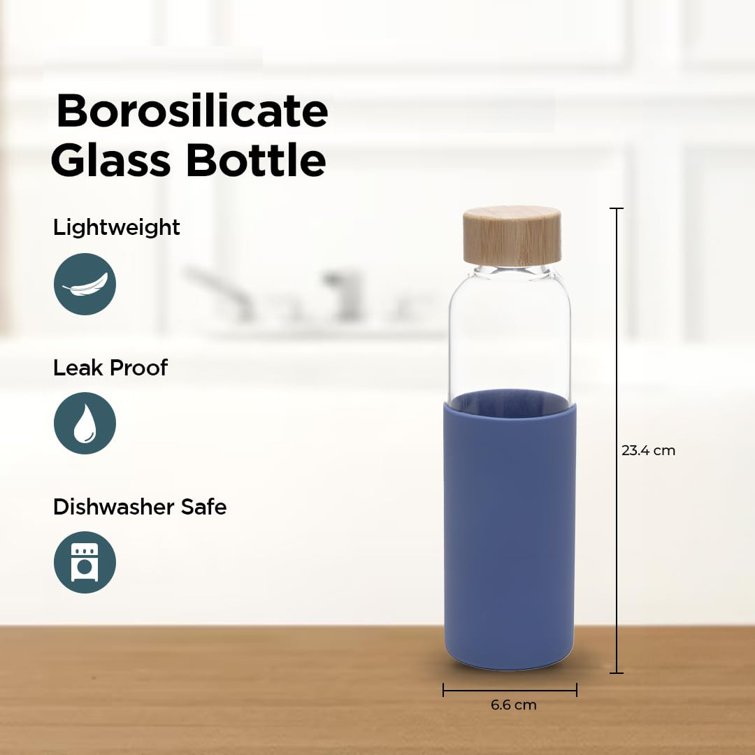 Kuber Industries Water Bottle | Glass Bottle | Sleeve Protection Bottle | Bamboo Lid Water Bottle | Travel Round Bottle | 550 ML | Blue