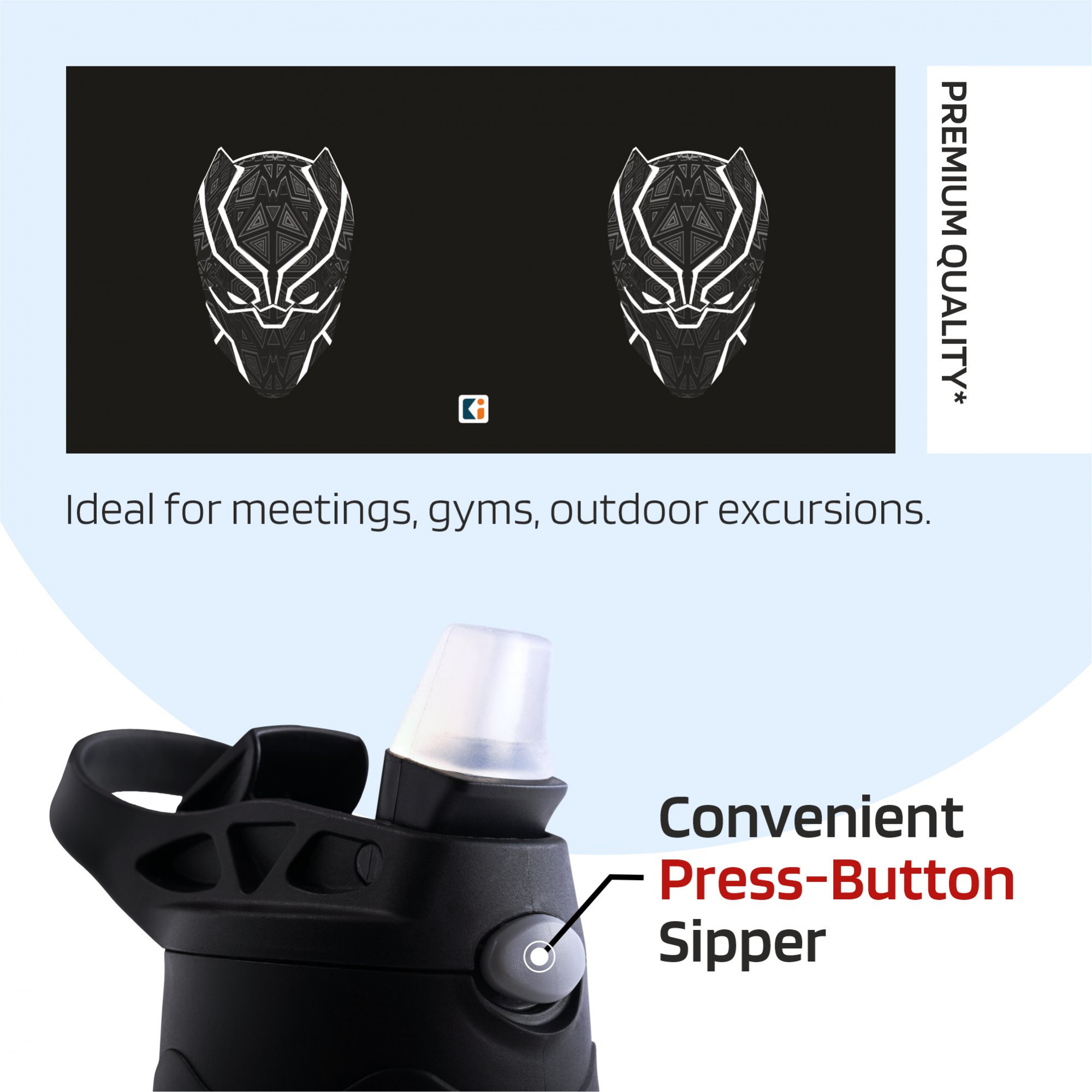 Kuber Industries Water Bottle  Marvel Black Panther  350 ml Insulated Water Bottle  Button Press Sipper Bottle for Adults  Kids  BPA-Free  Steel Bottle for Travel  Gym Bottle  Black
