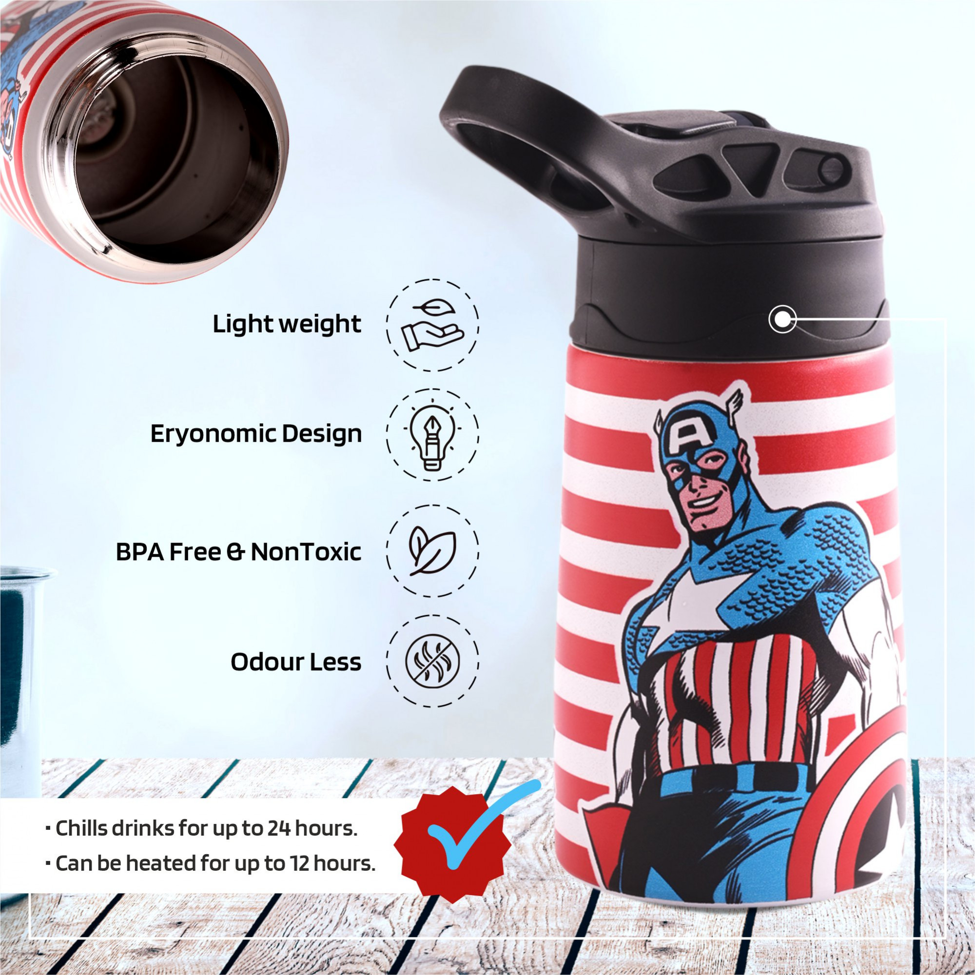 Kuber Industries Water Bottle  Marvel Captain America  350 ml Insulated Water Bottle  Button Press Sipper Bottle for Adults  Kids  BPA-Free  Steel Bottle for Travel  Gym Bottle  Red