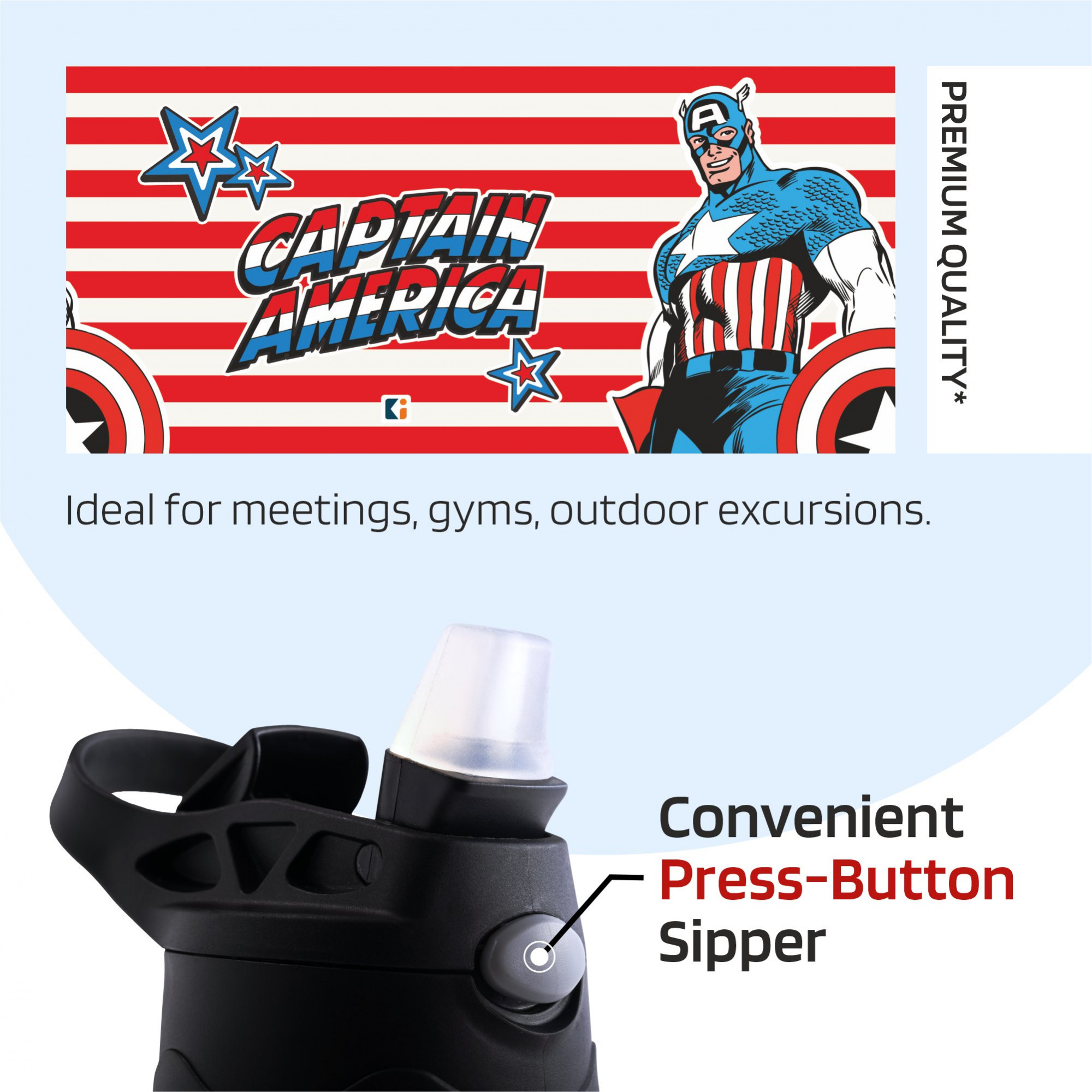 Kuber Industries Water Bottle  Marvel Captain America  350 ml Insulated Water Bottle  Button Press Sipper Bottle for Adults  Kids  BPA-Free  Steel Bottle for Travel  Gym Bottle  Red