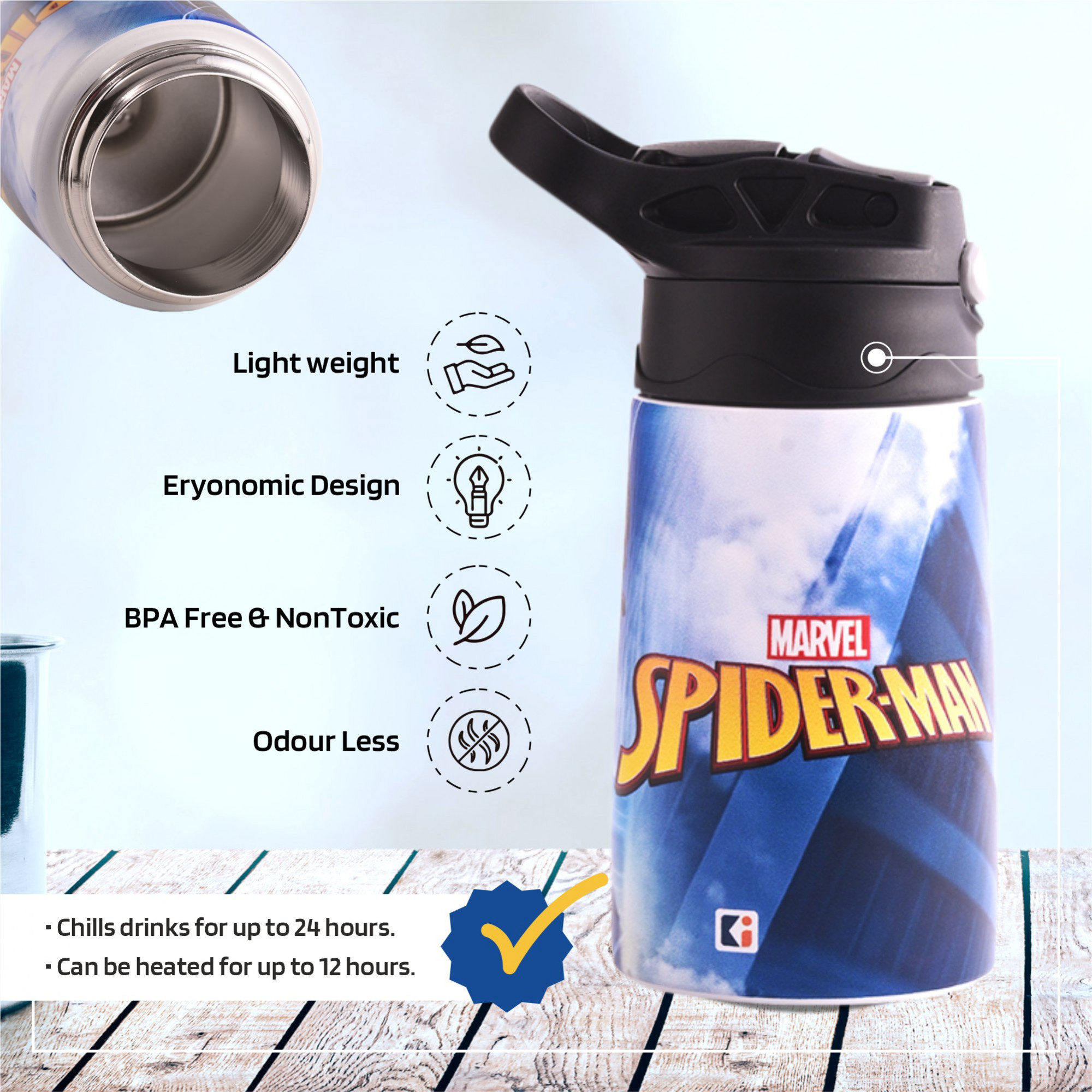 Kuber Industries Water Bottle  Marvel Spiderman  350 ml Insulated Water Bottle  Button Press Sipper Bottle for Adults  Kids  BPA-Free  Steel Bottle for Travel  Gym Bottle  Blue
