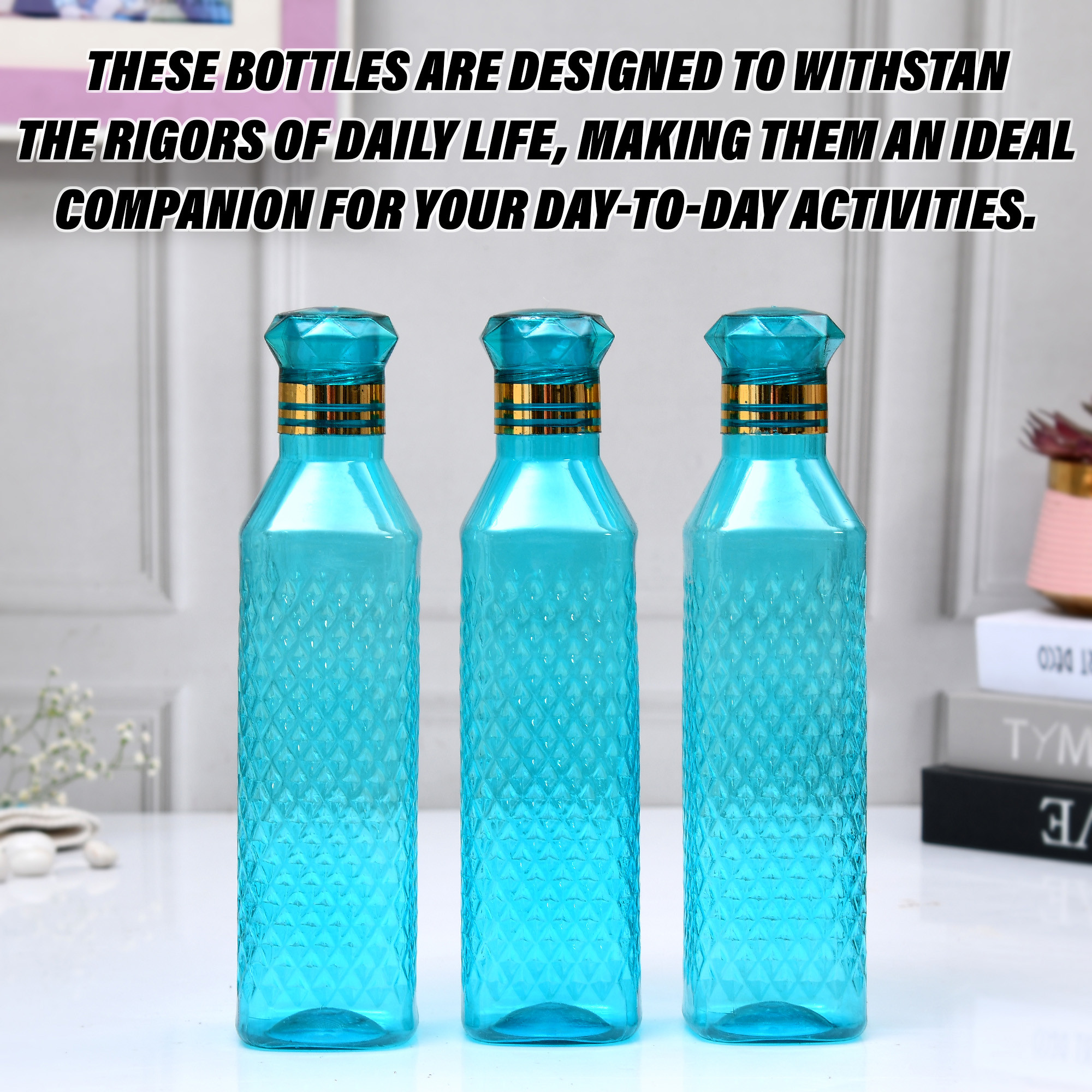 Kuber Industries Water Bottle  Plastic Water Bottle for Fridge  Water Bottle for Kitchen  Ideal for Restaurant  Water Bottle for Refrigerator  Square H2O Bottle  1 LTR  Pack of 3  Blue