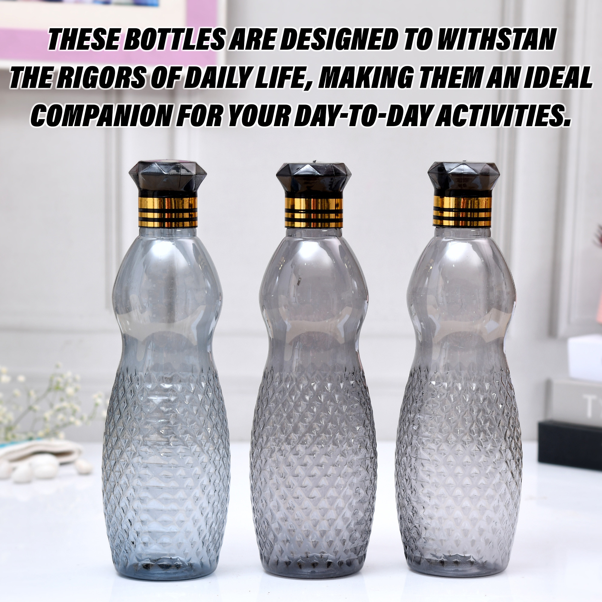 Kuber Industries Water Bottle  Plastic Water Bottle for Fridge  Water Bottle for Kitchen  Ideal for Restaurant  Water Bottle for Refrigerator  Dolphine Bottle  1 LTR  Pack of 3  Black