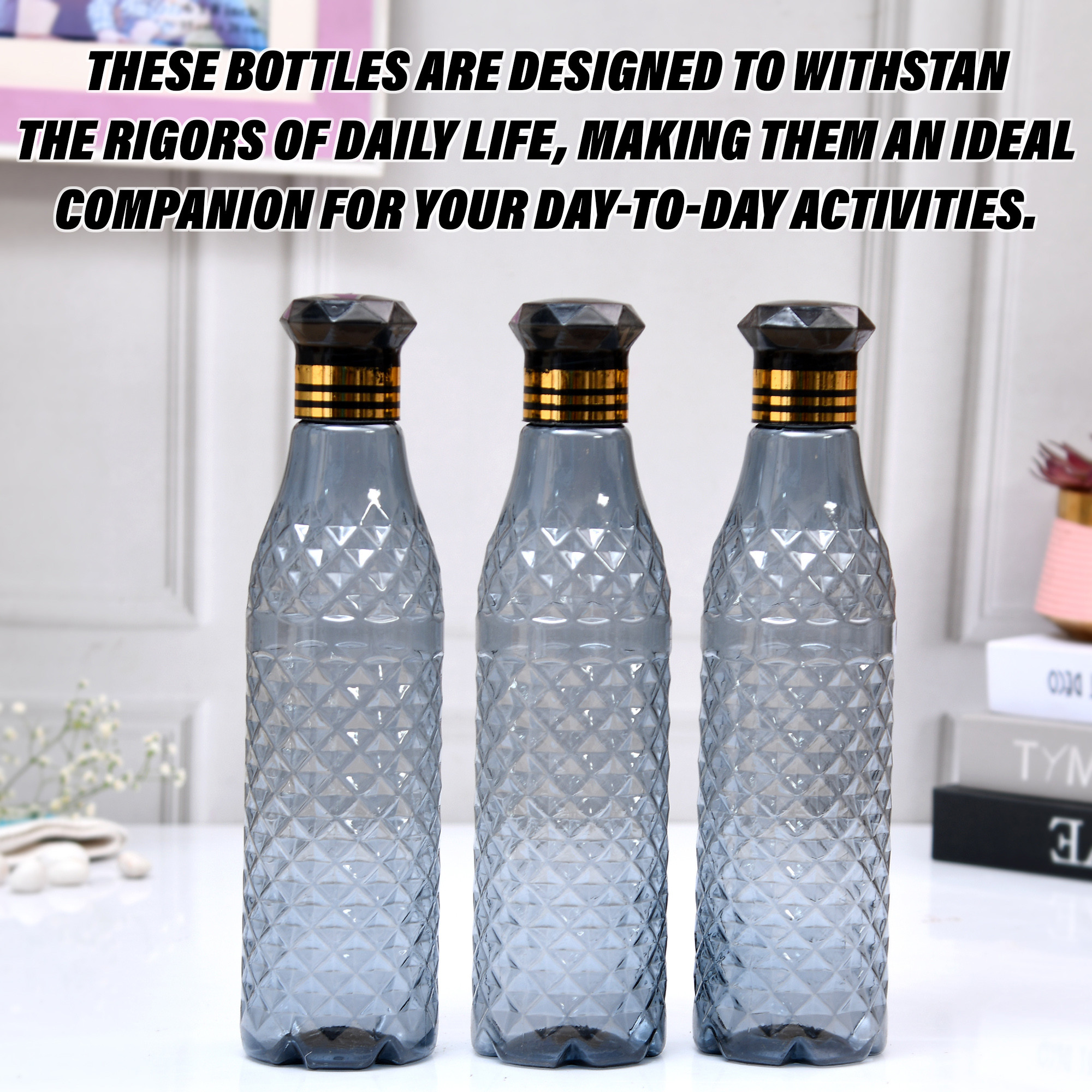 Kuber Industries Water Bottle  Plastic Water Bottle for Fridge  Water Bottle for Kitchen  Ideal for Restaurant  Water Bottle for Refrigerator  Crystal Bingo Bottle  1 LTR  Pack of 3  Black