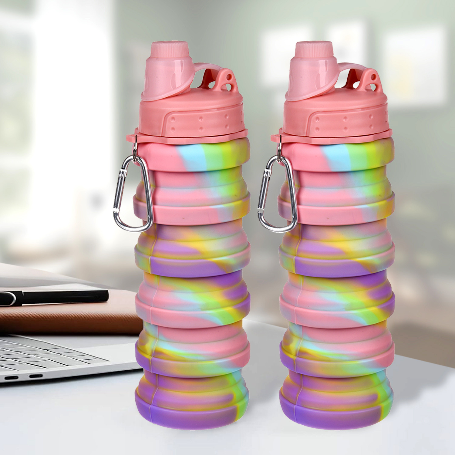 Kuber Industries Water Bottle | Silicone School Water Bottle | Expandable Water Bottle | Folding Water Bottle | Gym Water Bottle | Sports Water Bottle | 500 ML | Pink