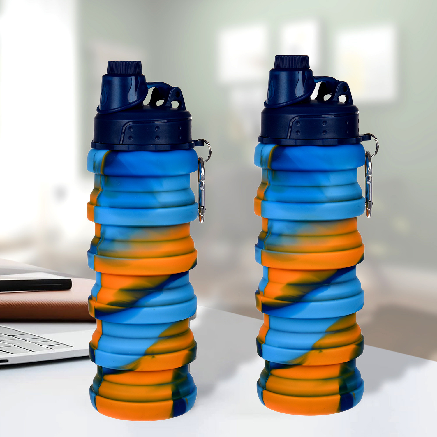 Kuber Industries Water Bottle | Silicone School Water Bottle | Expandable Water Bottle | Folding Water Bottle | Gym Water Bottle | Sports Water Bottle | 500 ML | Blue