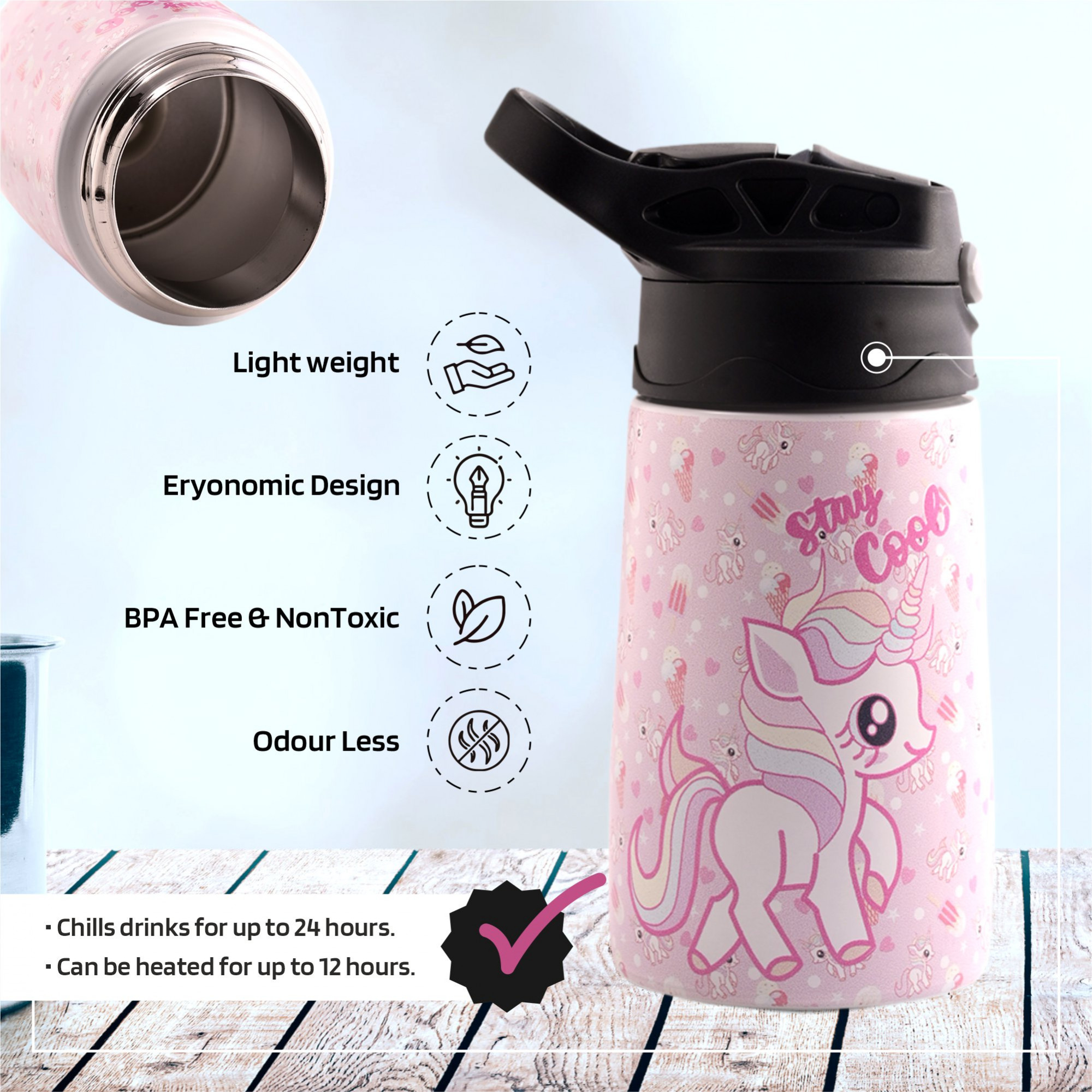 Kuber Industries Water Bottle  Stay Cool Unicorn  350 ml Insulated Water Bottle  Button Press Sipper Bottle for Adults  Kids  BPA-Free  Steel Bottle for Travel  Gym Bottle  Pink
