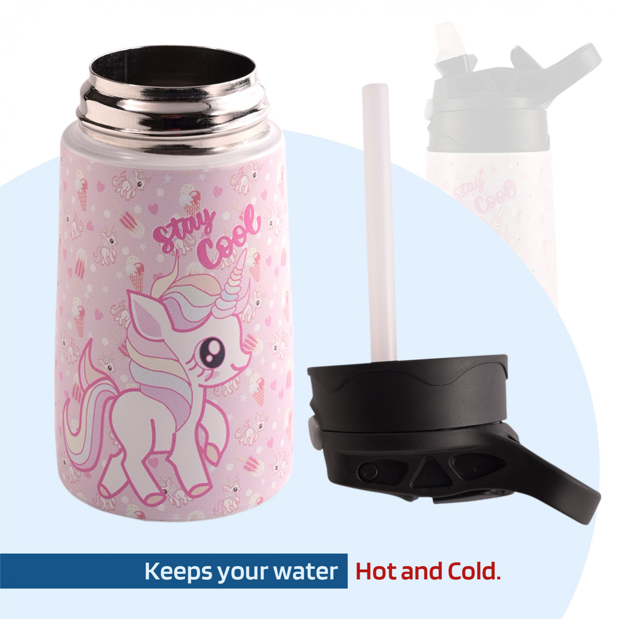 Kuber Industries Water Bottle  Stay Cool Unicorn  350 ml Insulated Water Bottle  Button Press Sipper Bottle for Adults  Kids  BPA-Free  Steel Bottle for Travel  Gym Bottle  Pink