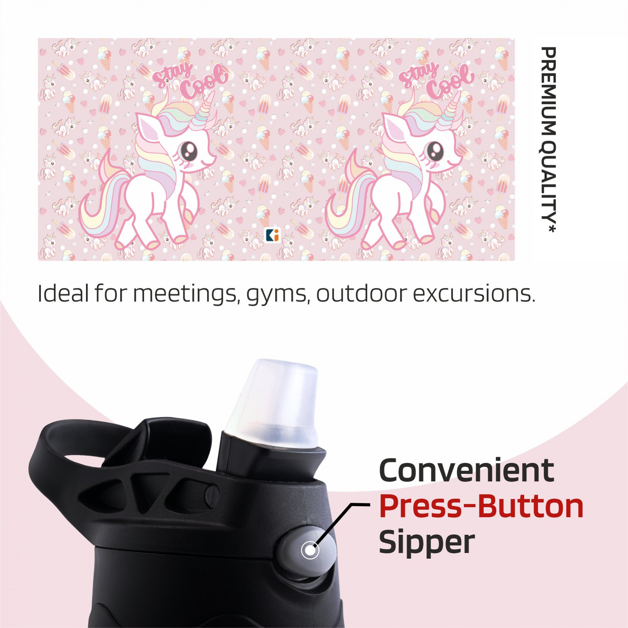Kuber Industries Water Bottle  Stay Cool Unicorn  350 ml Insulated Water Bottle  Button Press Sipper Bottle for Adults  Kids  BPA-Free  Steel Bottle for Travel  Gym Bottle  Pink