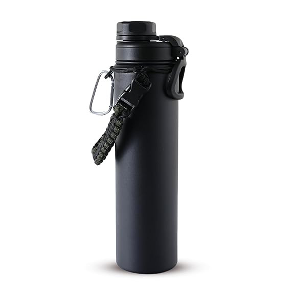 Kuber Industries Water Bottle | Steel Water Bottle for Daily Use | Vacuum Insulated Flask Water Bottle with Rope | Hot & Cold Water Bottle | 720 ML | LX-230601 | Black