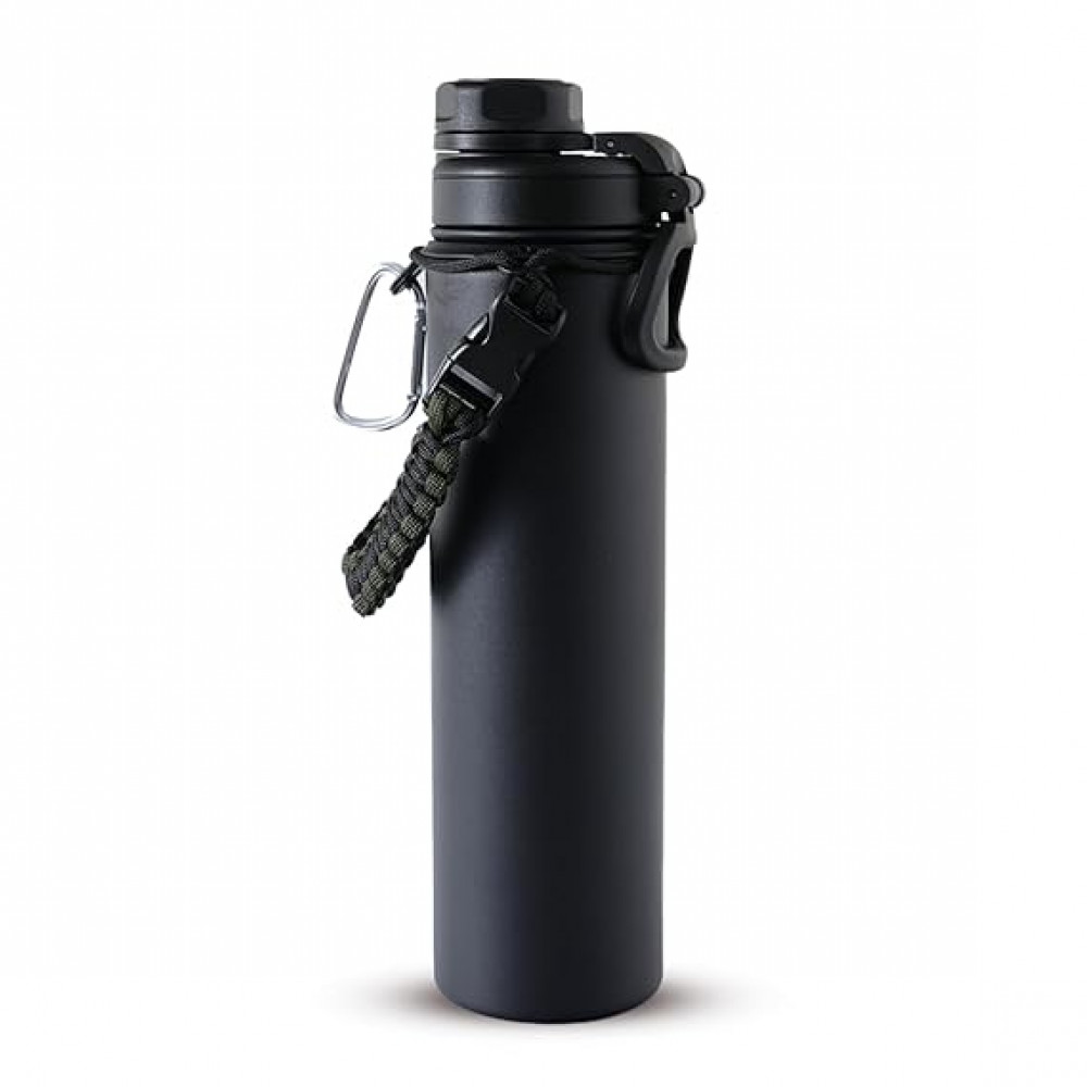 Kuber Industries Water Bottle | Steel Water Bottle for Daily Use | Vacuum Insulated Flask Water Bottle with Rope | Hot &amp; Cold Water Bottle | 720 ML | LX-230601 | Black