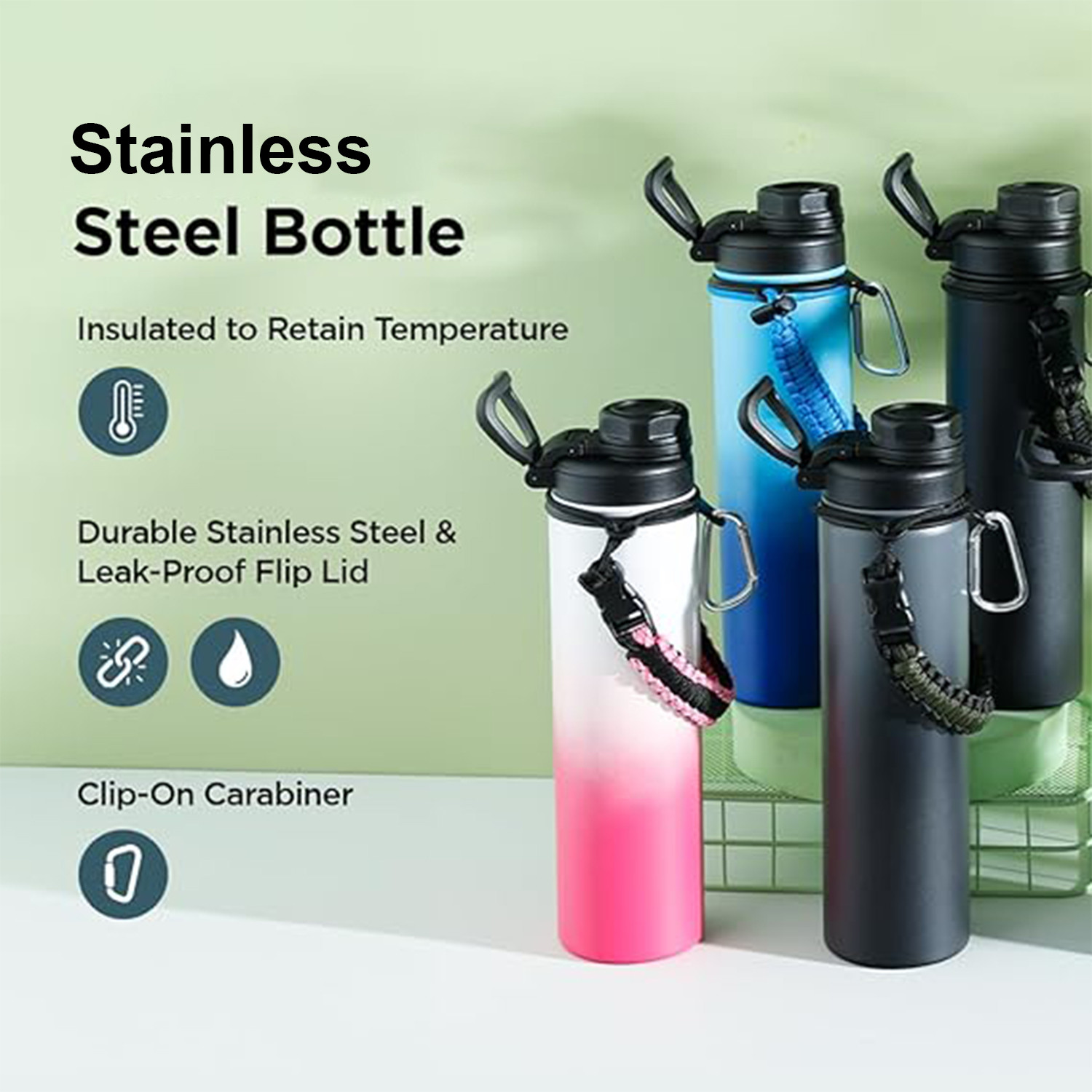 Kuber Industries Water Bottle | Steel Water Bottle for Daily Use | Vacuum Insulated Flask Water Bottle with Rope | Hot & Cold Water Bottle | 720 ML | LX-230601 | Black