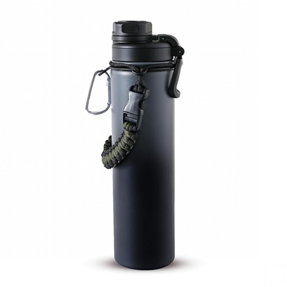 Kuber Industries Water Bottle | Steel Water Bottle for Daily Use | Vacuum Insulated Flask Water Bottle with Rope | Hot &amp; Cold Water Bottle | 720 ML | LX-230603 | Black &amp; Gray
