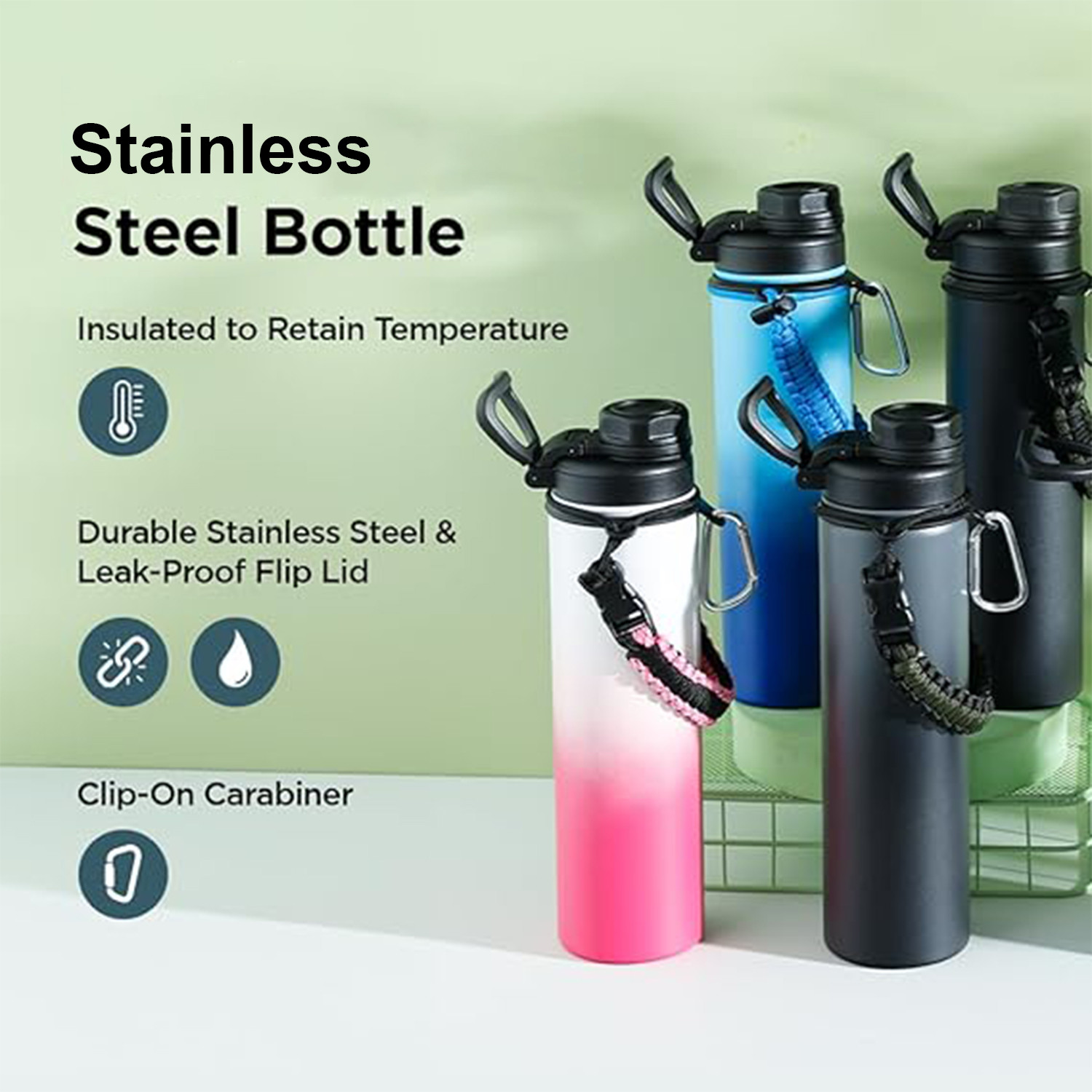 Kuber Industries Water Bottle | Steel Water Bottle for Daily Use | Vacuum Insulated Flask Water Bottle with Rope | Hot & Cold Water Bottle | 720 ML | LX-230603 | Black & Gray