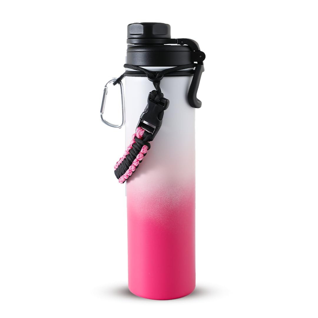 Kuber Industries Water Bottle | Steel Water Bottle for Daily Use | Vacuum Insulated Flask Water Bottle with Rope | Hot & Cold Water Bottle | 720 ML | LX-230605 | Pink & White