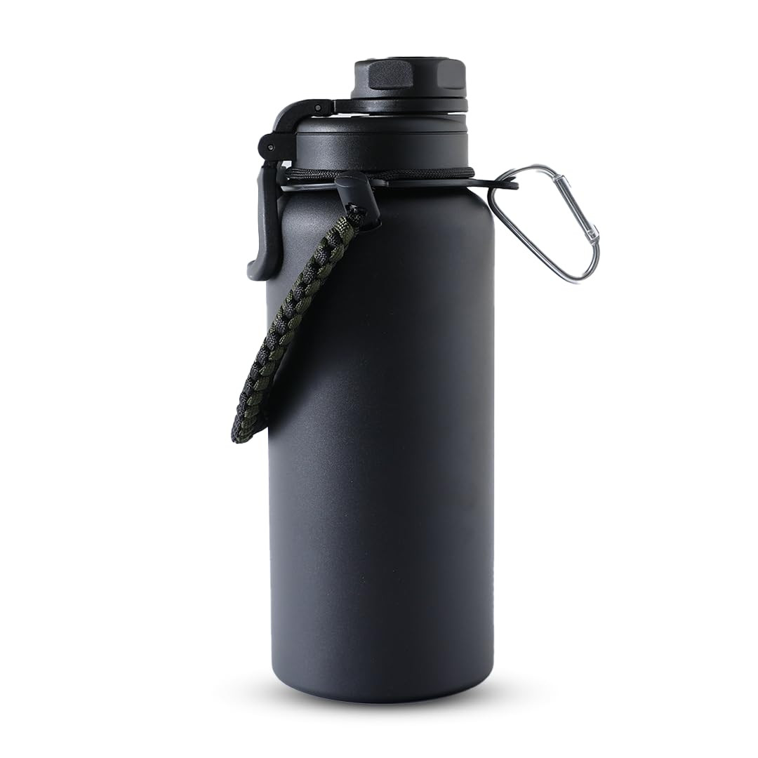 Kuber Industries Water Bottle | Steel Water Bottle for Daily Use | Vacuum Insulated Flask Water Bottle with Rope | Hot & Cold Water Bottle | 960 ML | LX-230606 | Black
