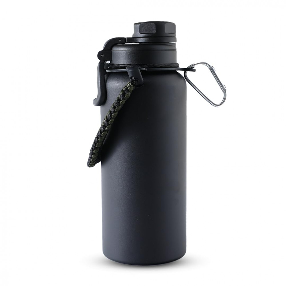 Kuber Industries Water Bottle | Steel Water Bottle for Daily Use | Vacuum Insulated Flask Water Bottle with Rope | Hot &amp; Cold Water Bottle | 960 ML | LX-230606 | Black